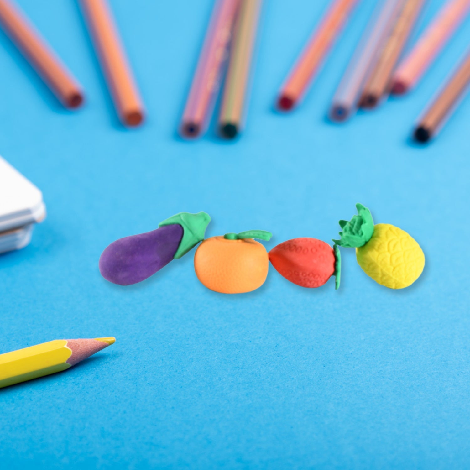 Detailed view of the colorful 3D eraser set for children, highlighting textures.