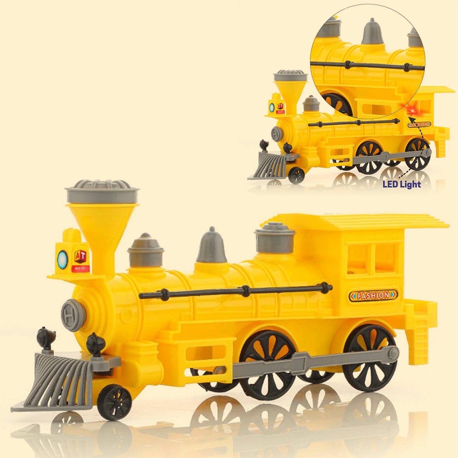 Front view of the LED light Pull Back Train Toy, ready for action.