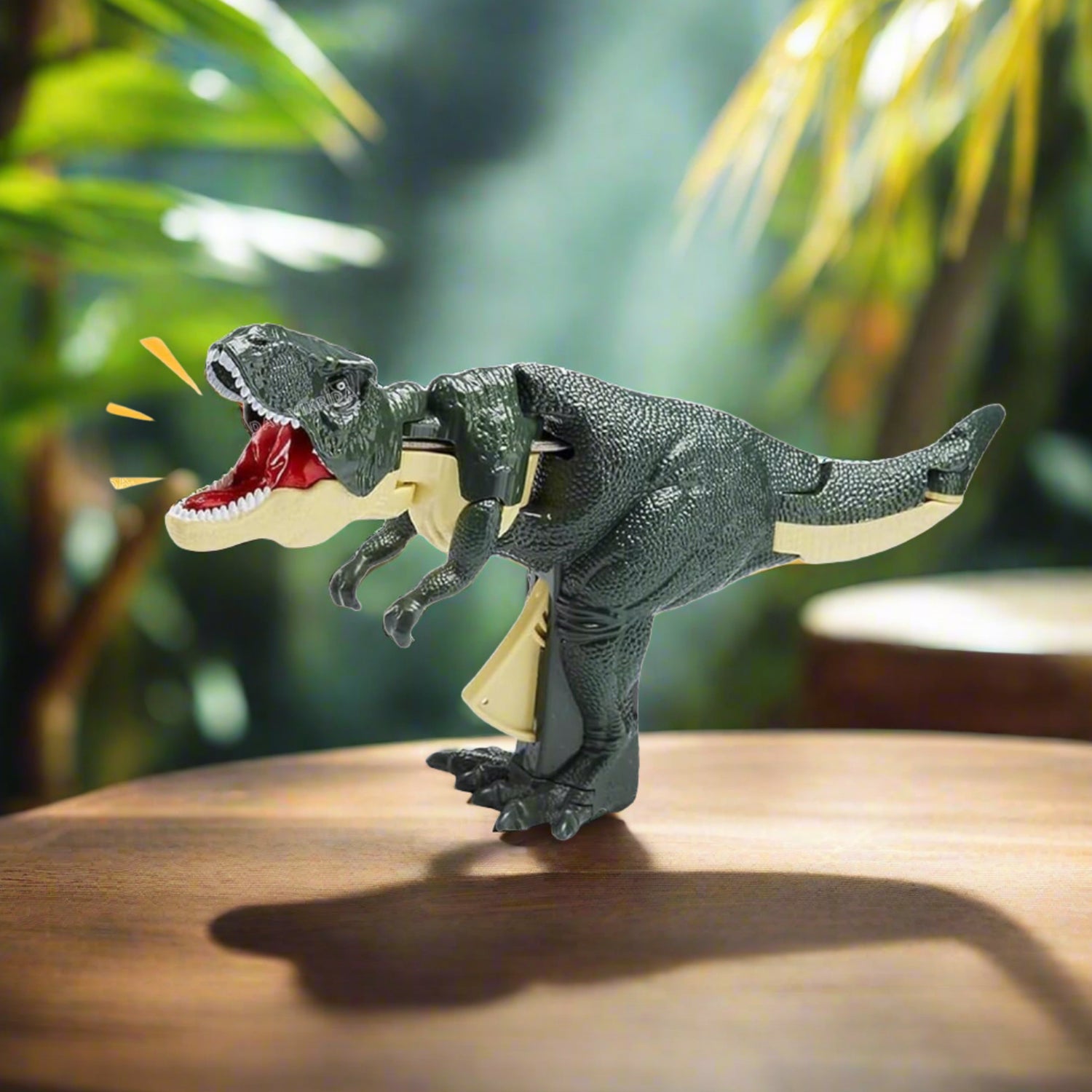 Side profile of the brown dinosaur toy, showcasing its texture.