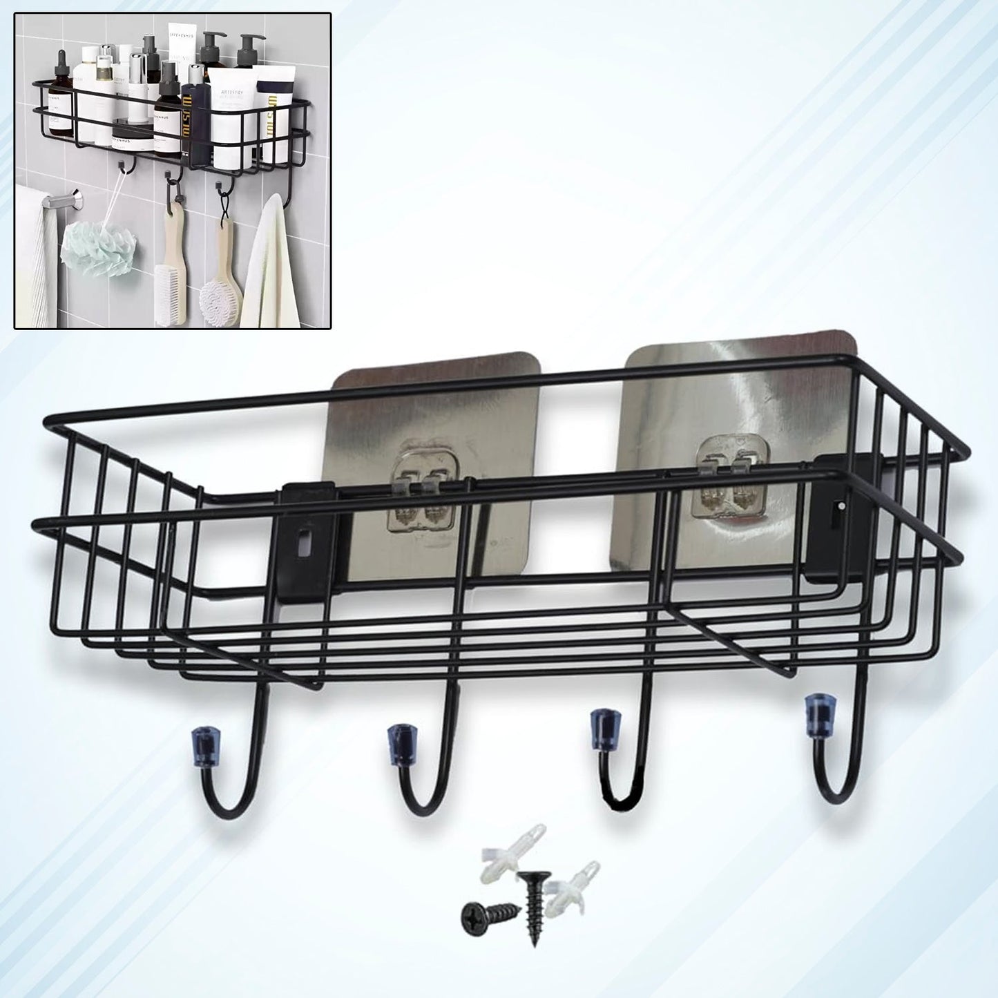 Front view of lightweight 3-in-1 shower shelf rack made of iron