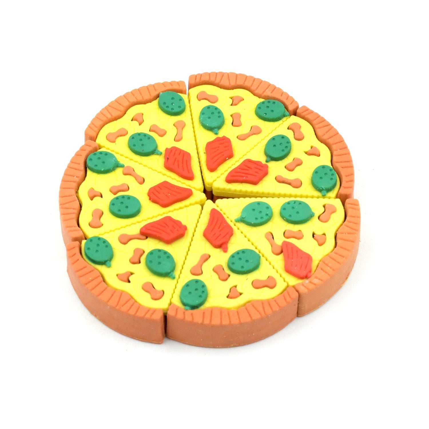 A child's hand holding a bright pizza slice eraser, ready for schoolwork.