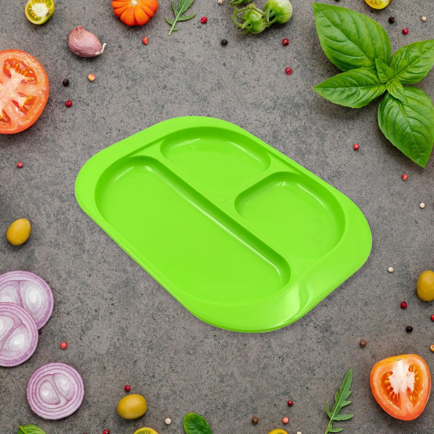 A 3-compartment food plate filled with healthy snacks and fresh fruit.