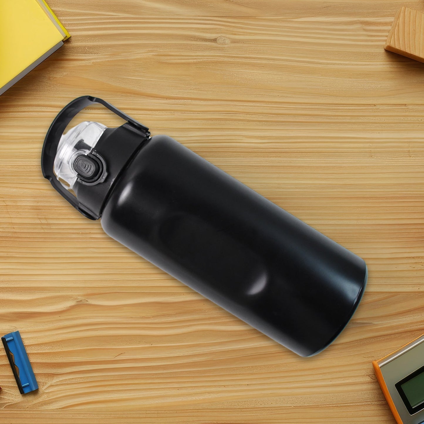 Close-up of insulated stainless steel water bottle with vacuum insulation core