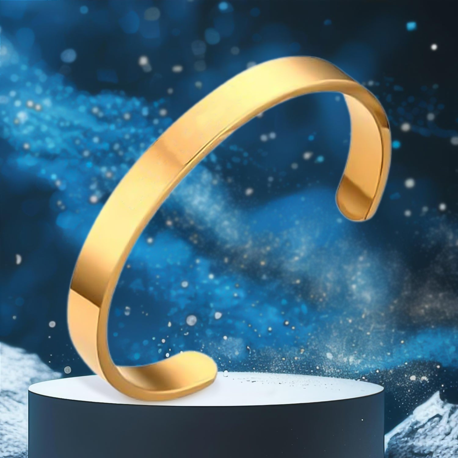 Front view of gold finish open cuff bracelet Kada with adjustable ends
