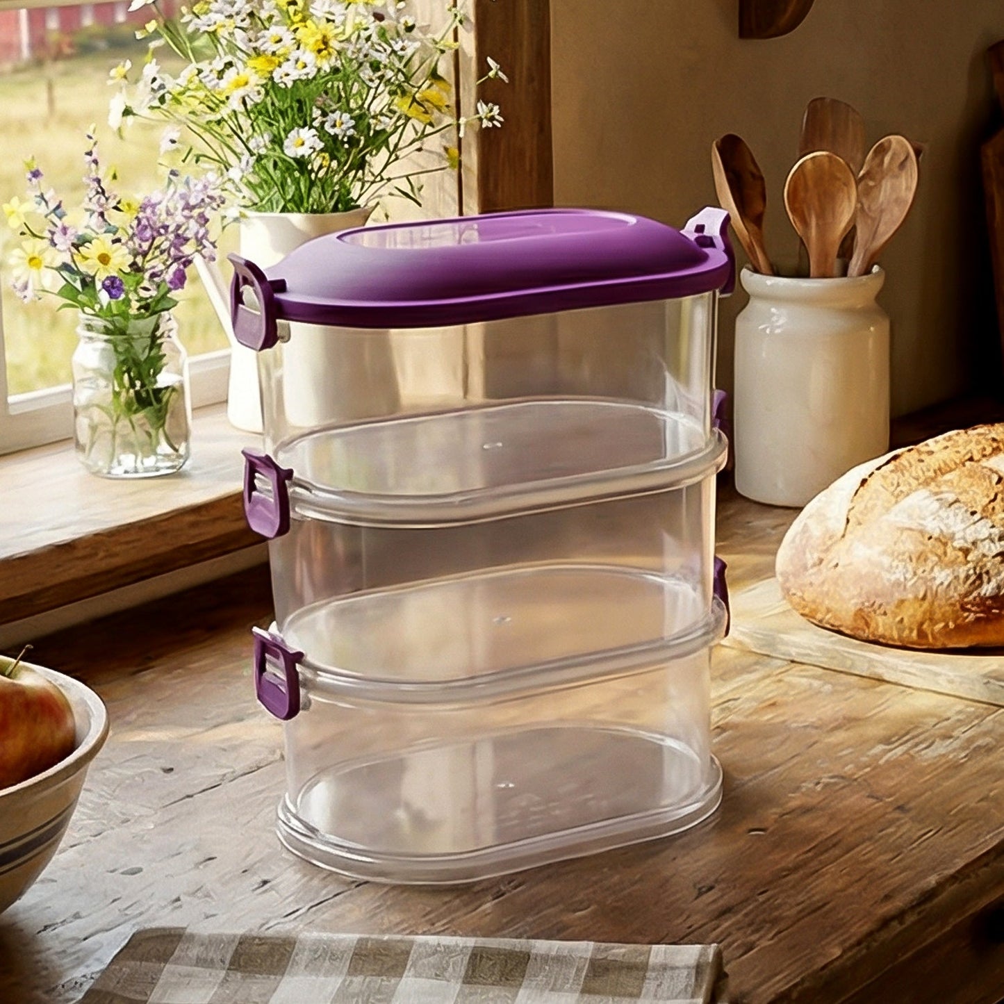 Stacked airtight food storage containers for space-saving kitchen organization