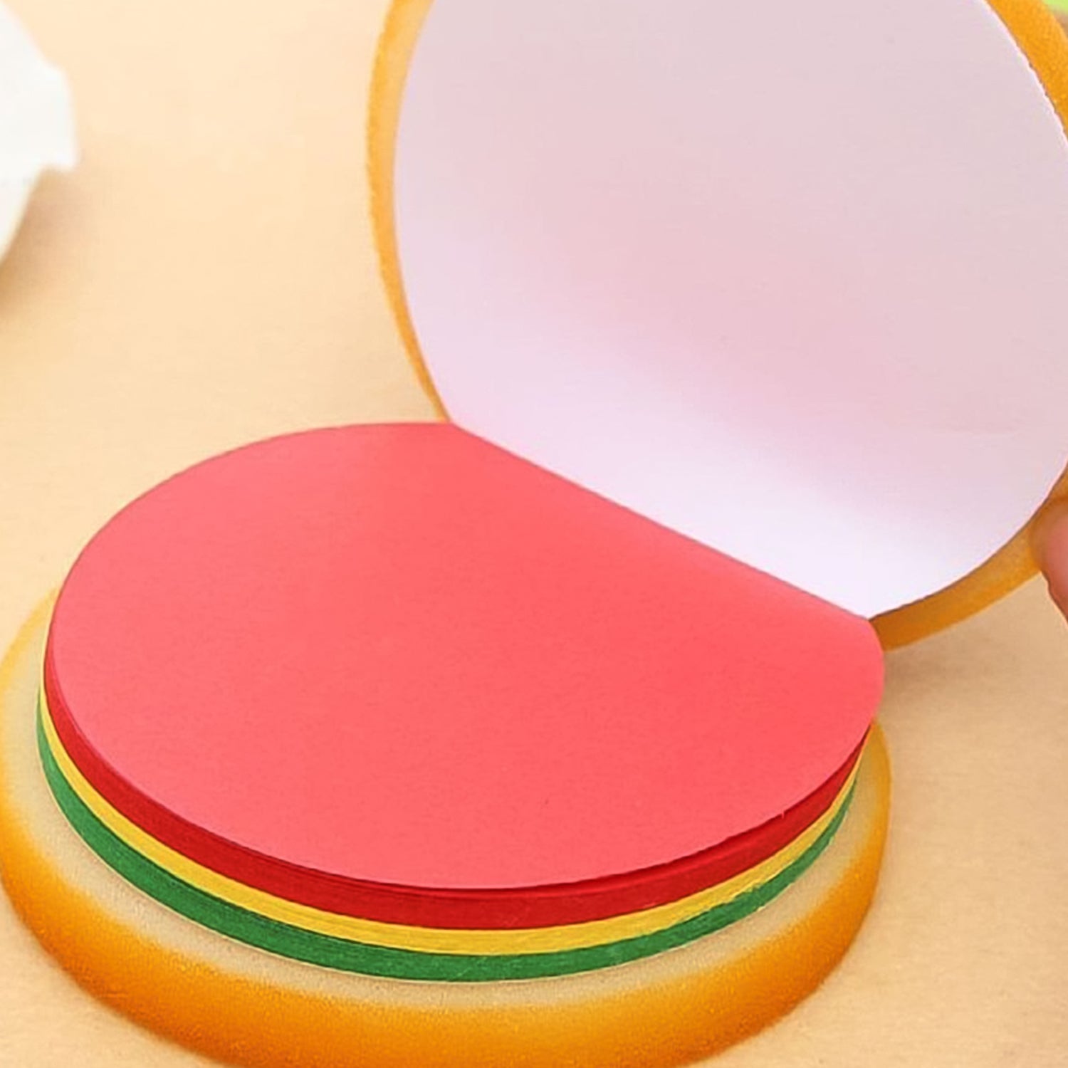 Burger sticky notes opened, revealing the blank colorful sheets inside for creative writing.