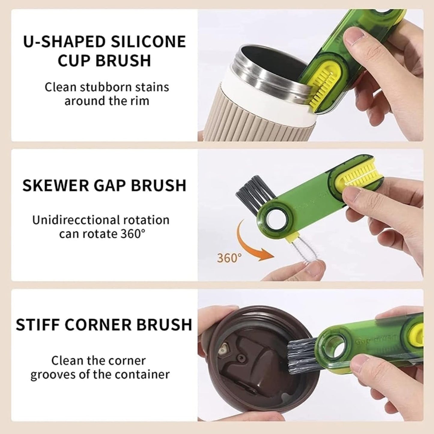 The compact brush head easily scrubbing the intricate grooves of a cup lid.