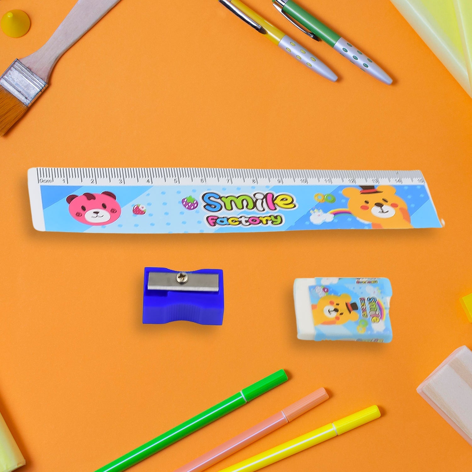 Individual wooden pencils from the Kids Cartoon Pencil Set, with accessories.