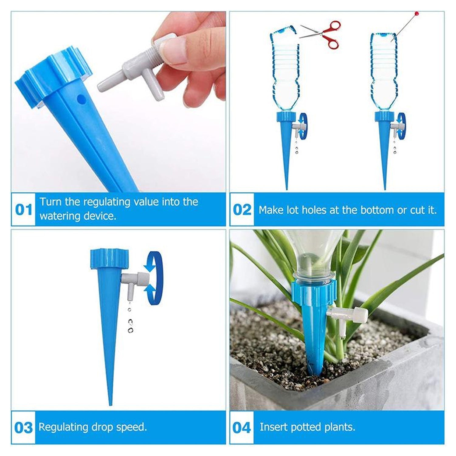 Detailed specifications and instructions on the watering spikes packaging.