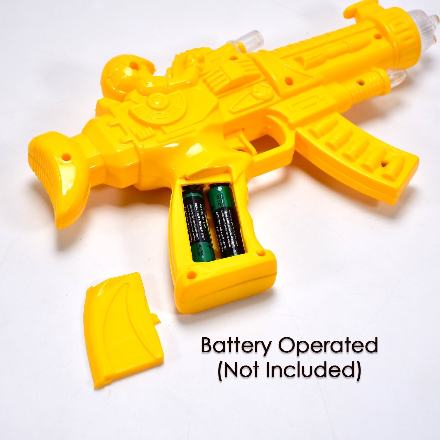 Close-up of the clear gear toy gun, highlighting its musical features and bright lights.