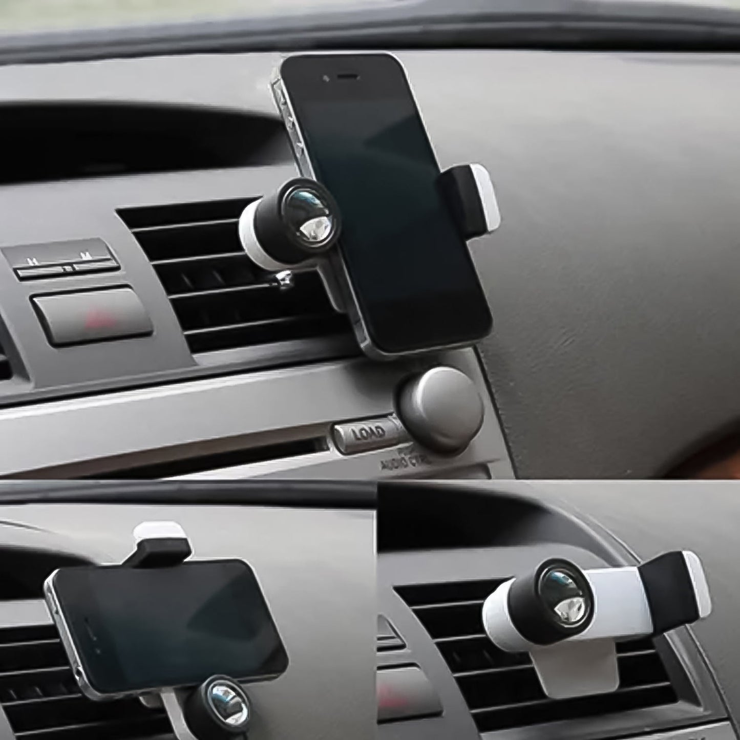Universal car phone mount with gravity design gripping a smartphone