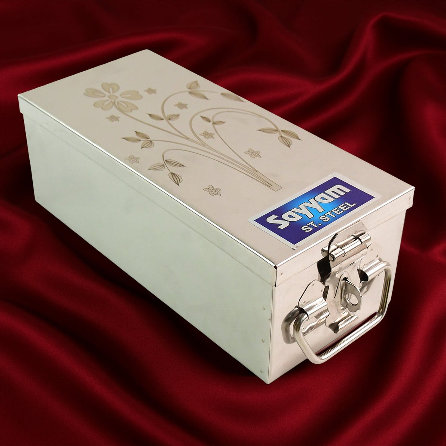 Top-down perspective of the open velvet-lined Jewellery Storage Box, showing its various sections.