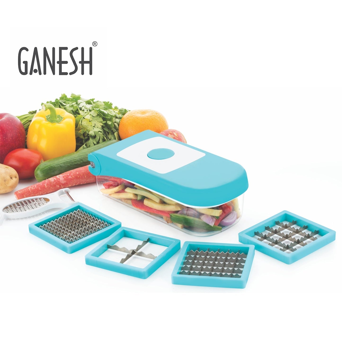 Side view of the Ganesh 7-in-1 Vegetable Dicer, highlighting its ergonomic design.