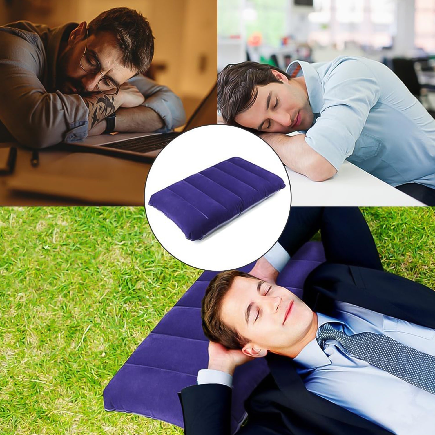 Blue velvet inflatable travel pillow for comfortable journeys, main shot.