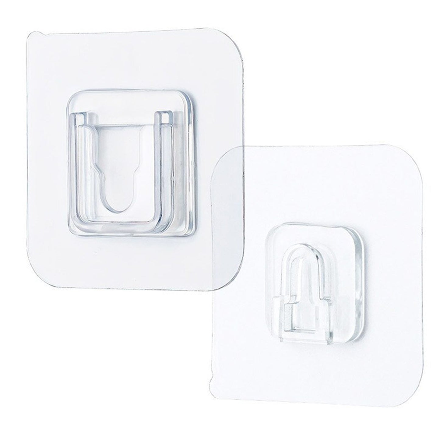 Single clear adhesive hook securely mounted on a smooth wall surface.