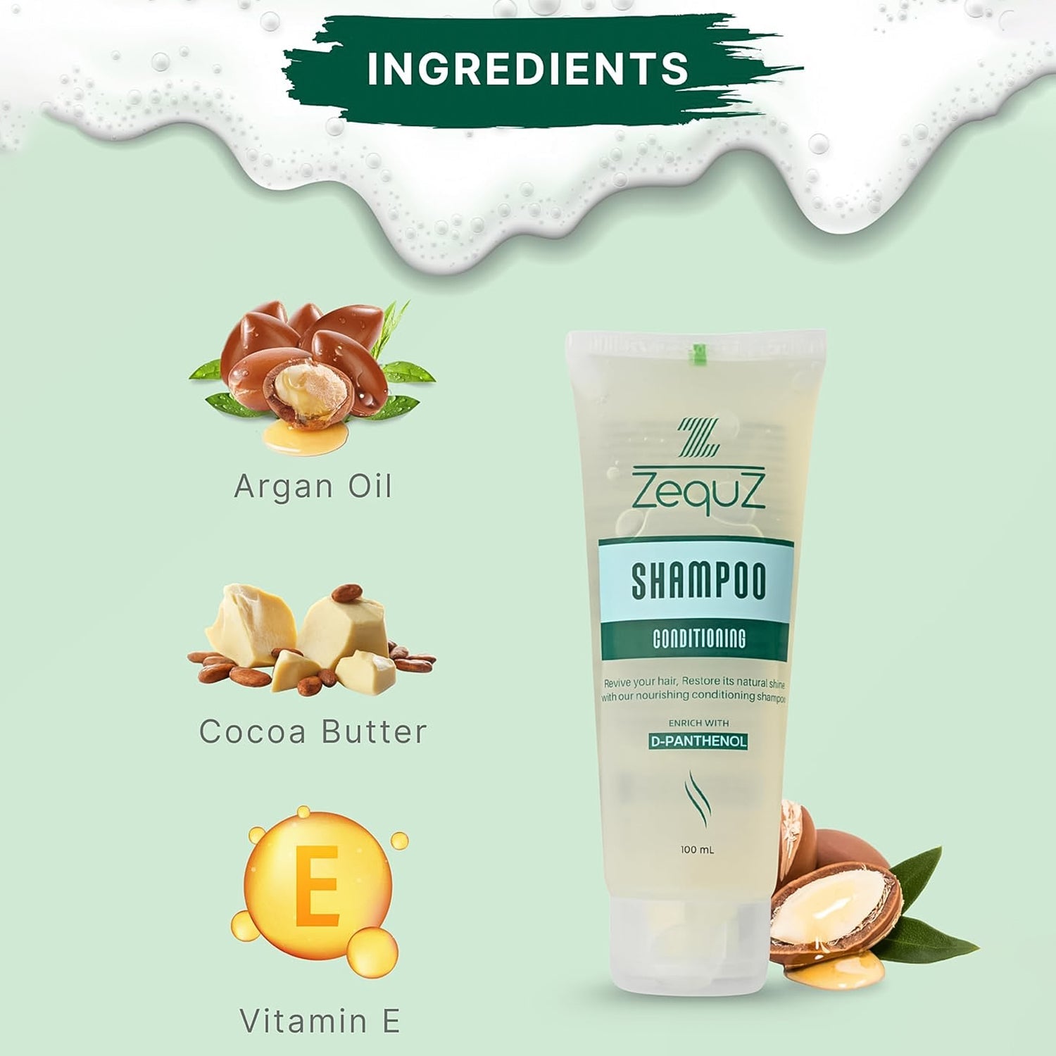 Side view of Zequz Conditioning Shampoo tube with ingredient details
