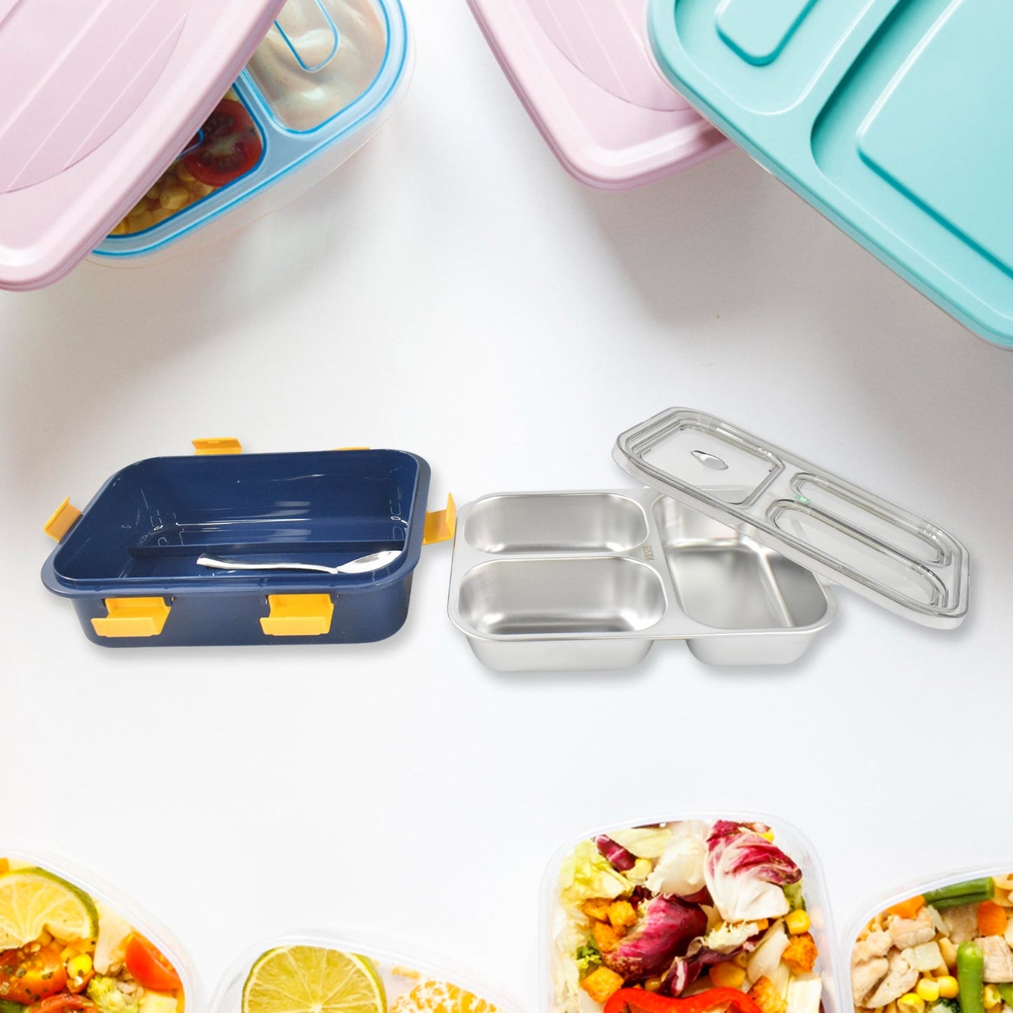 3 compartment lunch box with secure lids to prevent spillage