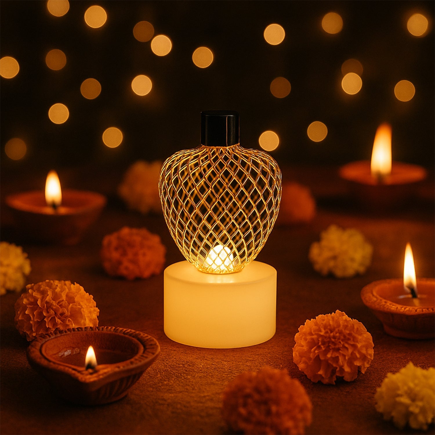 Decorative apple shape flameless LED tealight candle in golden mesh design