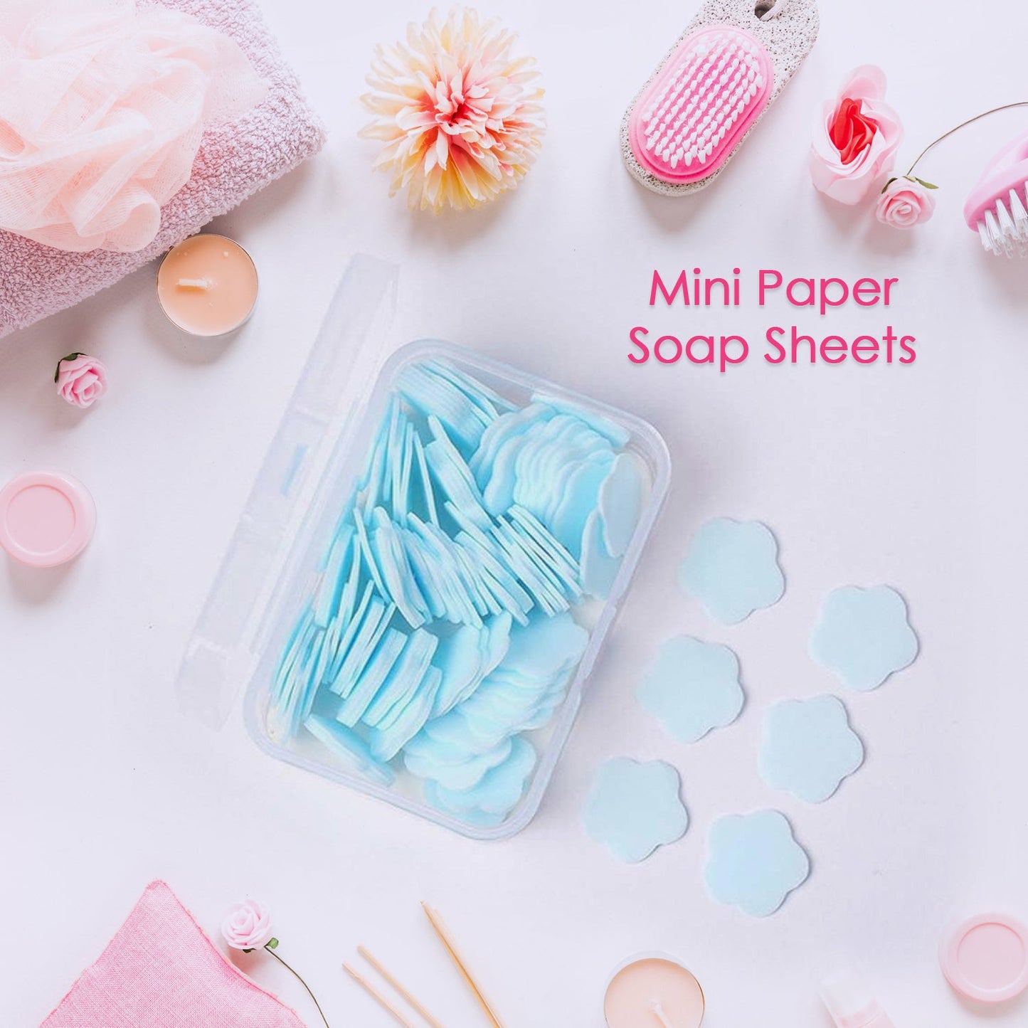Compact case of colourful flower-shaped travel soap sheets.