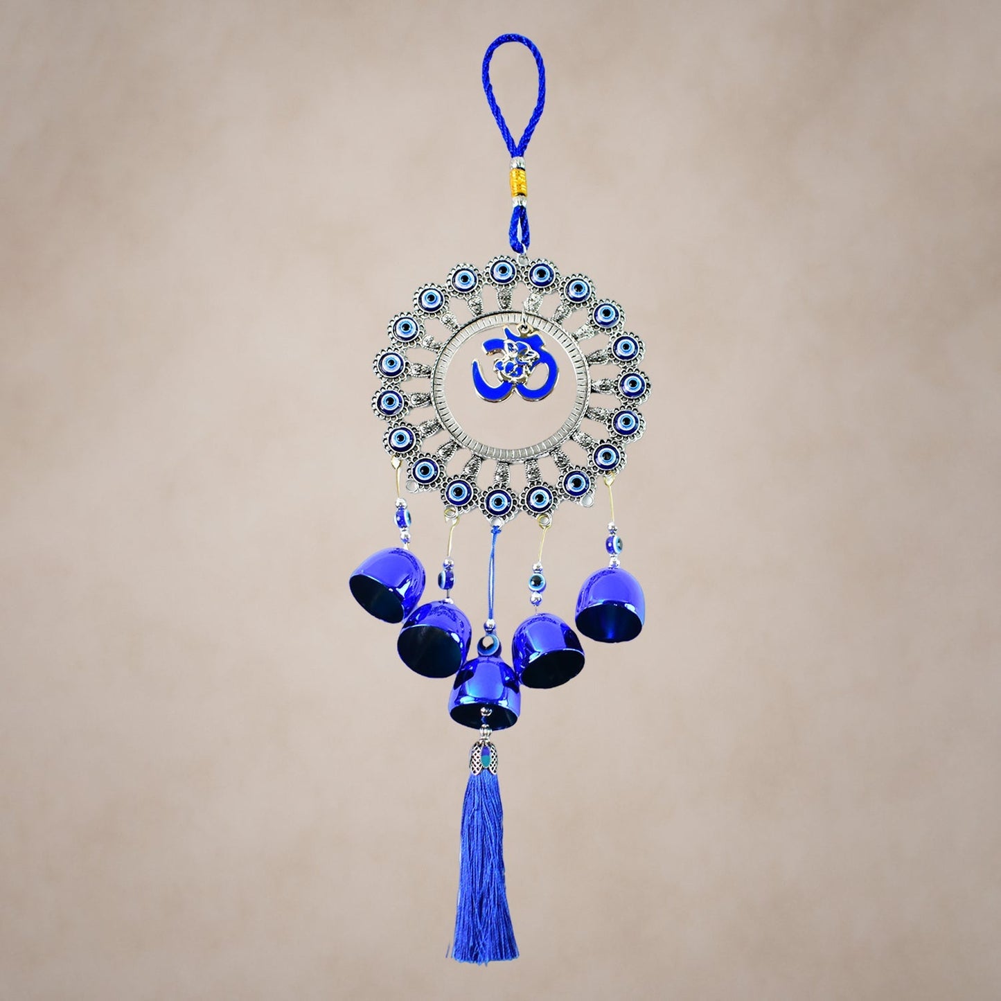Blue bell detail on Om Evil Eye spiritual home decor wind chime