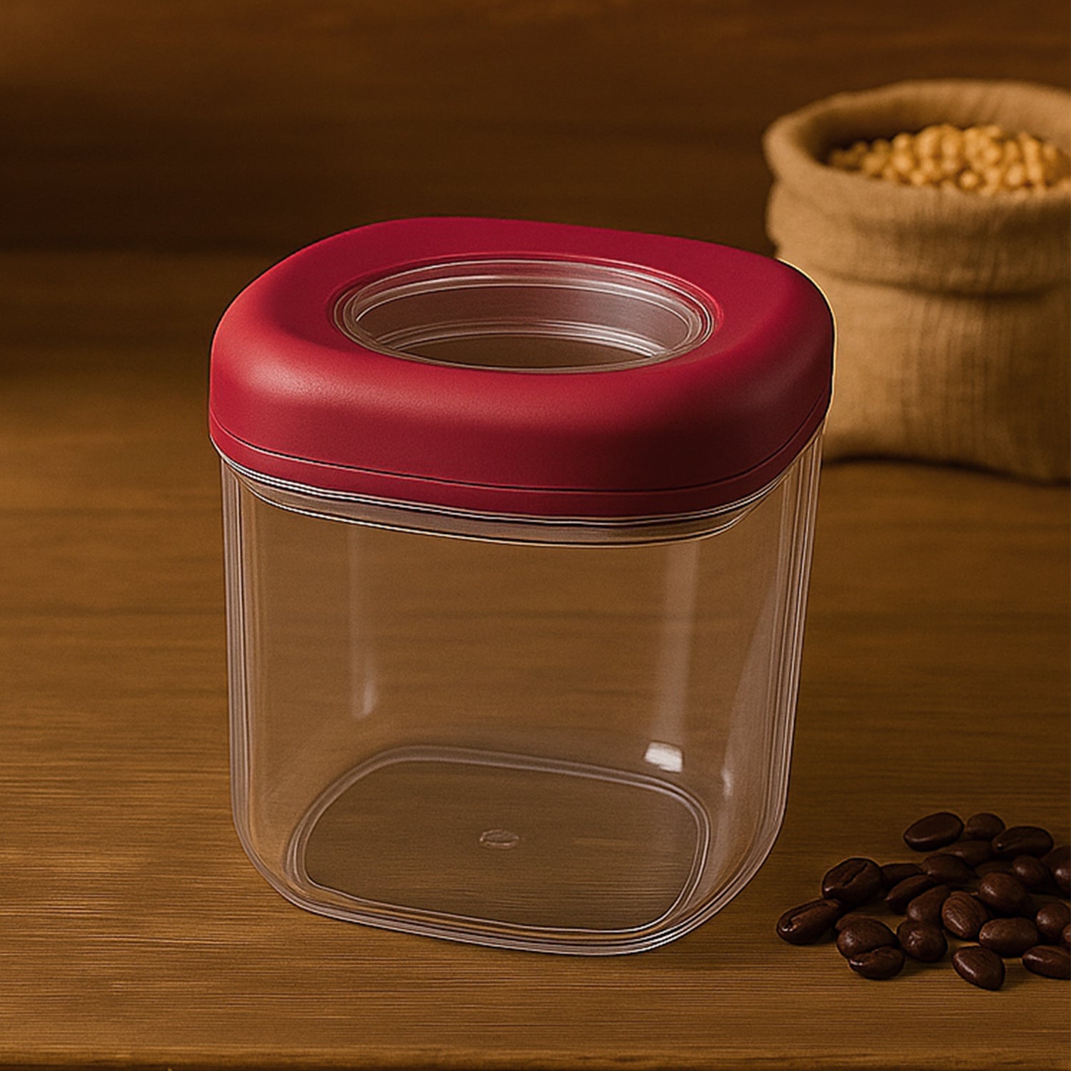 Stacked transparent containers with twist-lock lids in pantry setting