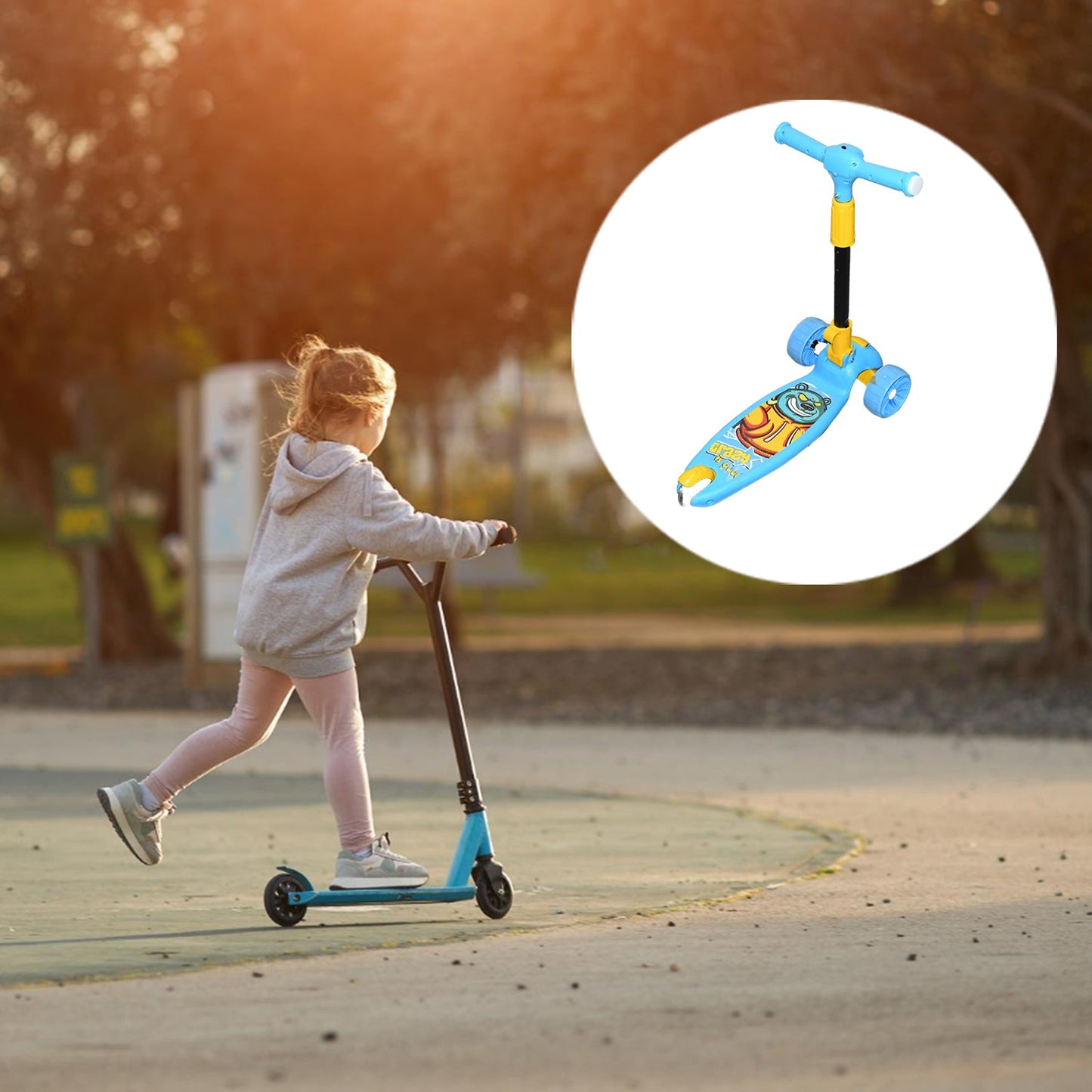 Close up of foldable kids scooter showing wide non-slip deck and rear suspension brake