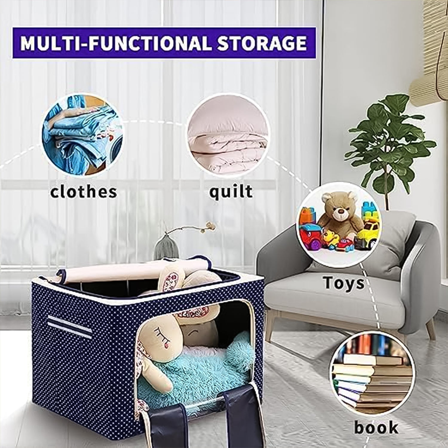 The foldable steel-frame storage box collapsed flat for compact, space-saving storage.