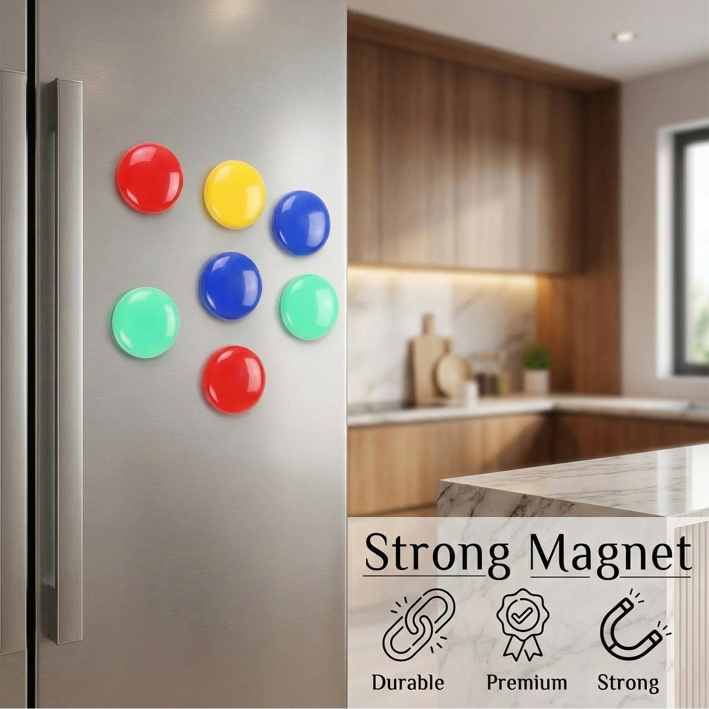 Premium strong hold round fridge magnets in assorted colors
