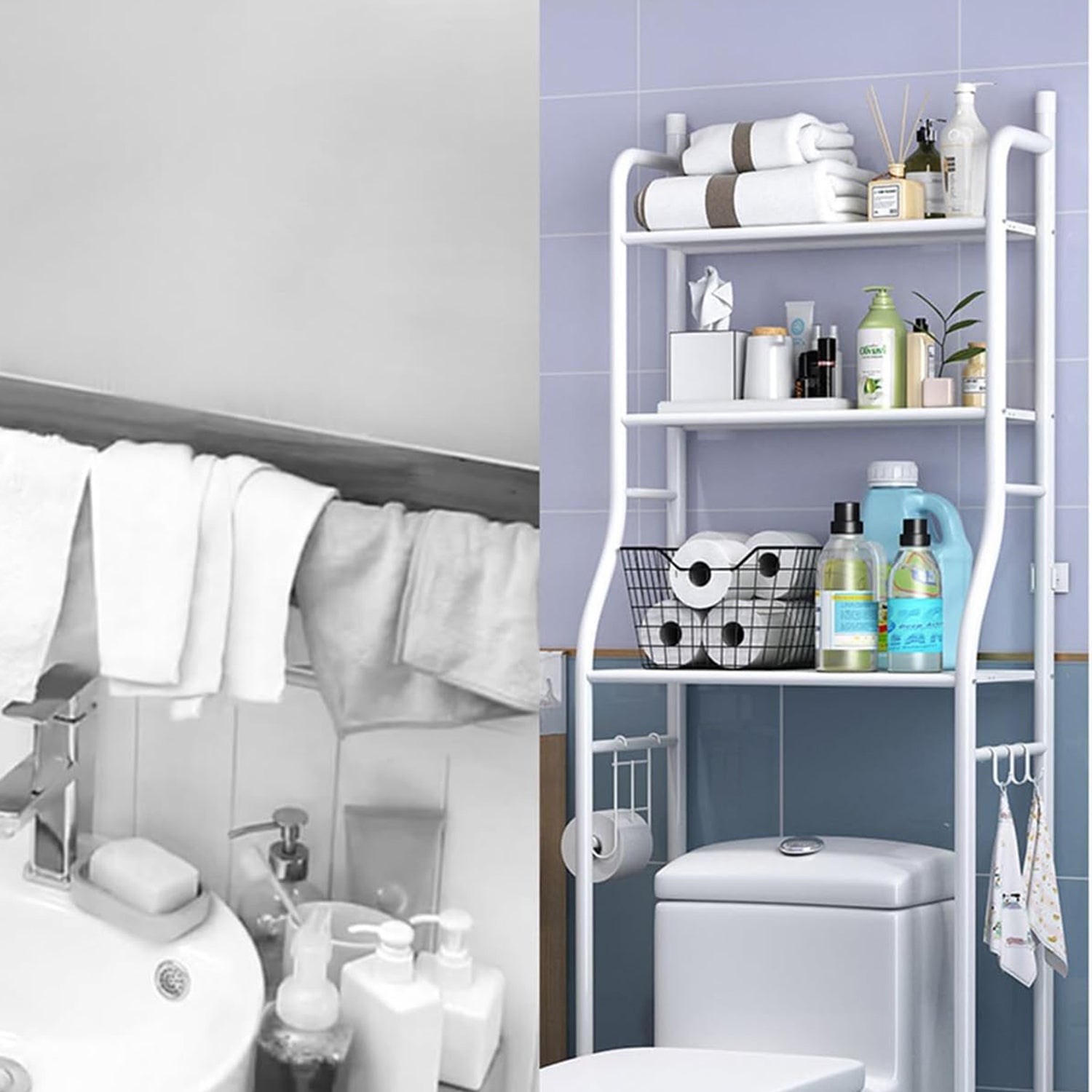 Multi-layer over toilet storage rack in a modern bathroom, showcasing its space-saving design.