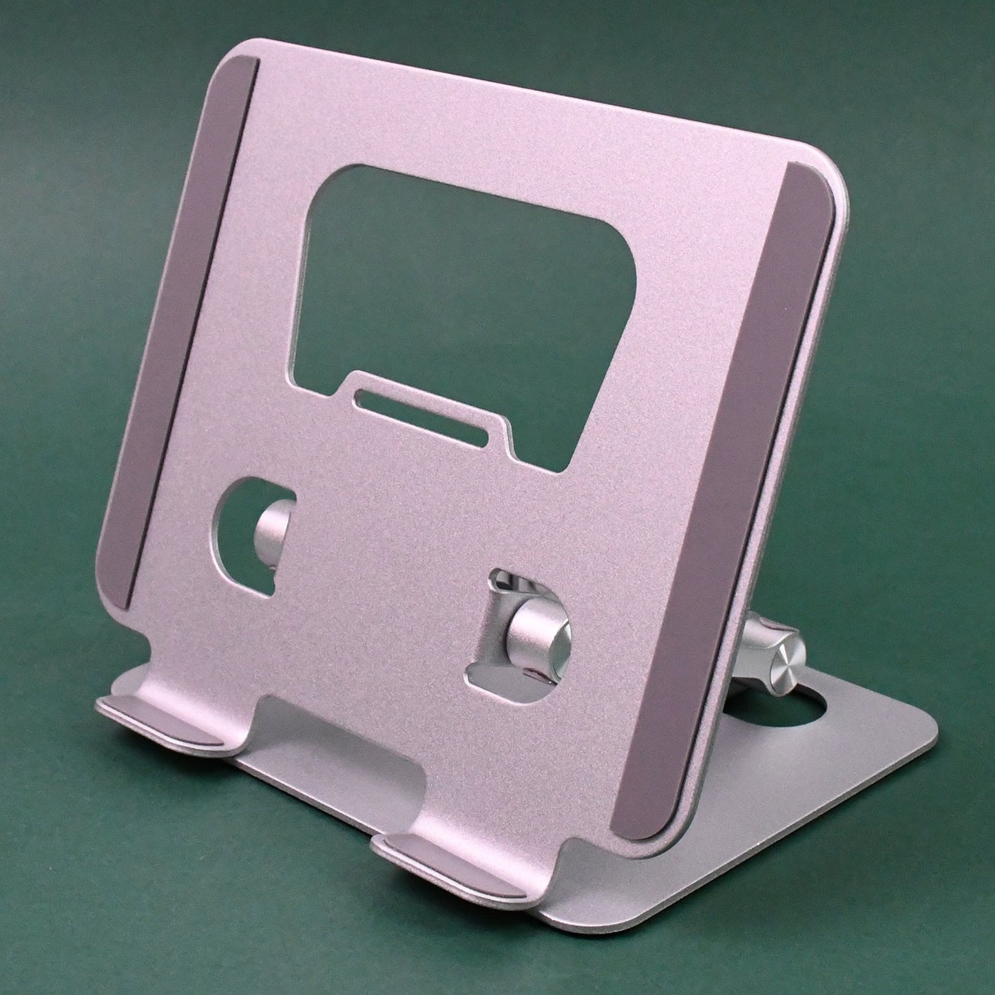 Close-up of the foldable tablet stand's sturdy base and anti-slip pads.