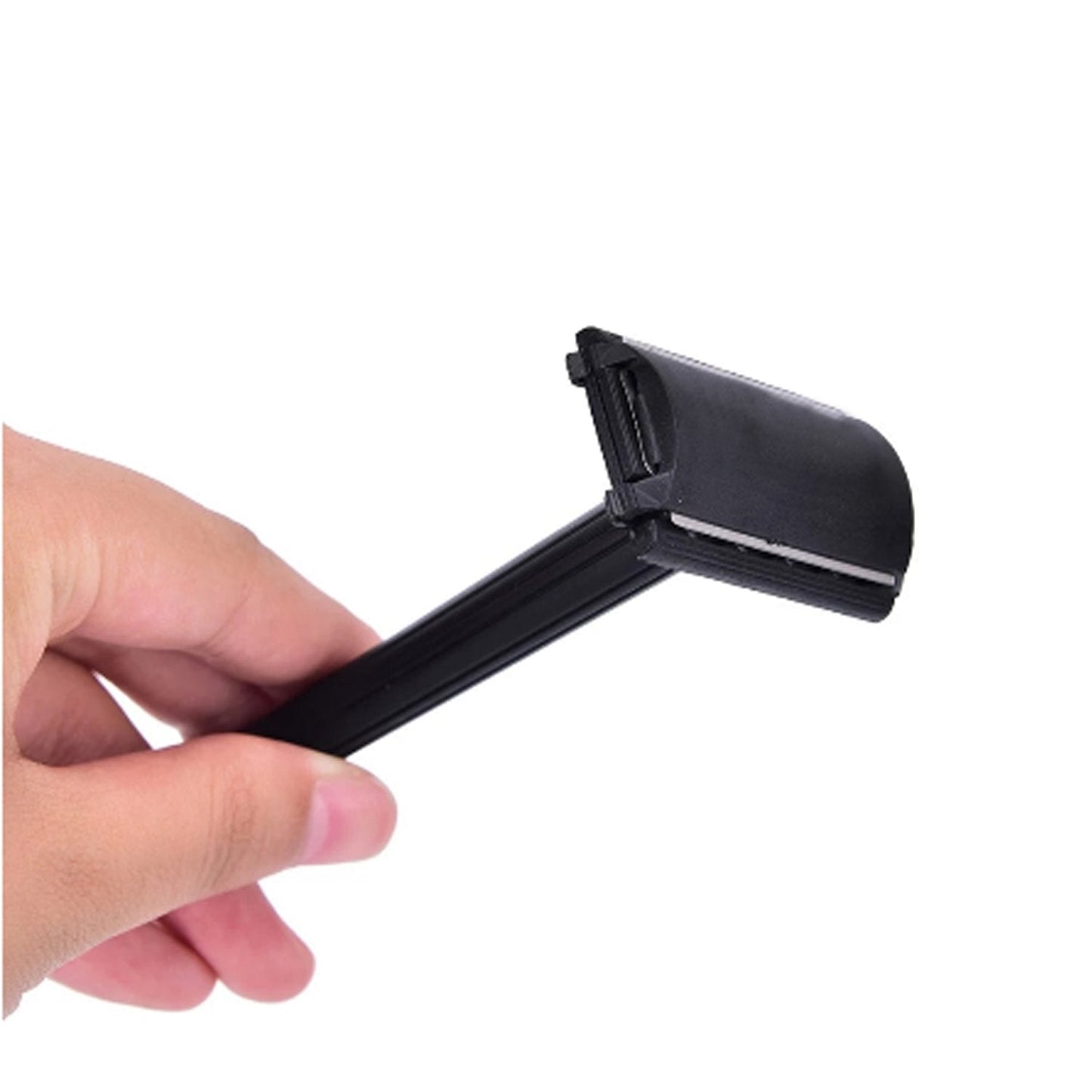 A sleek black shaving razor with a durable plastic handle and blade installed.