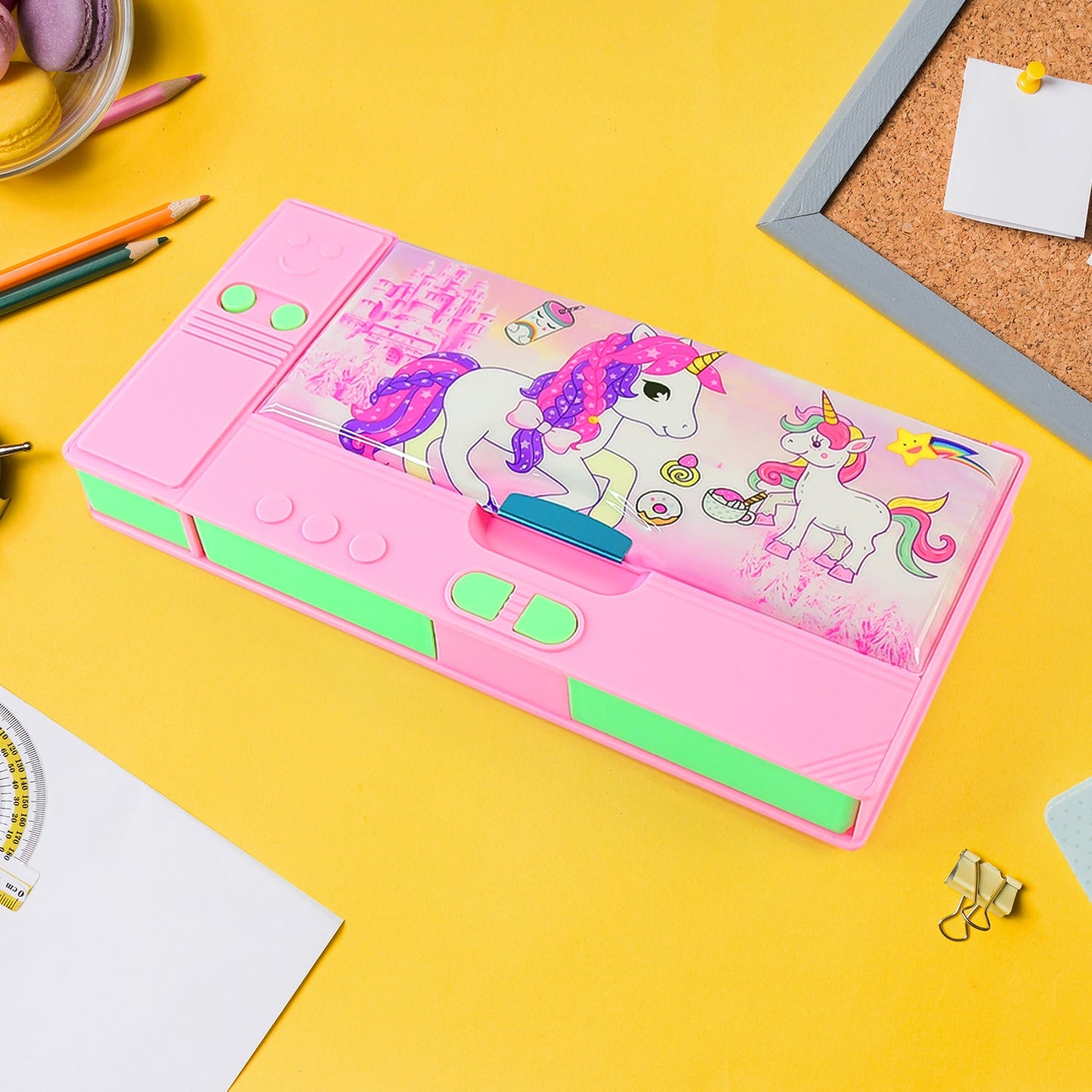 Open Jumbo Geometry Box displaying two main compartments filled with various school stationery items.