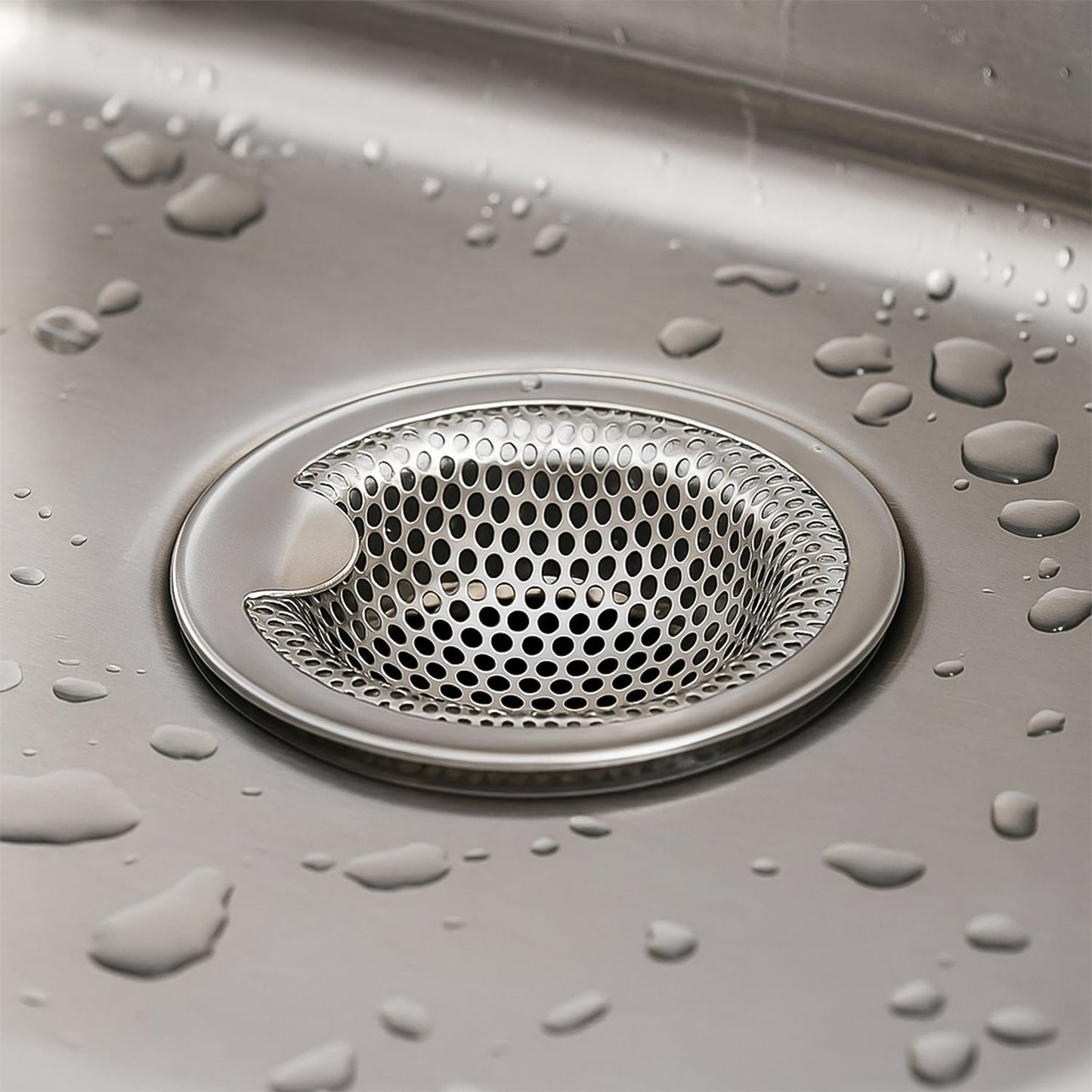 Stainless steel catcher strainer placed in kitchen sink drain opening