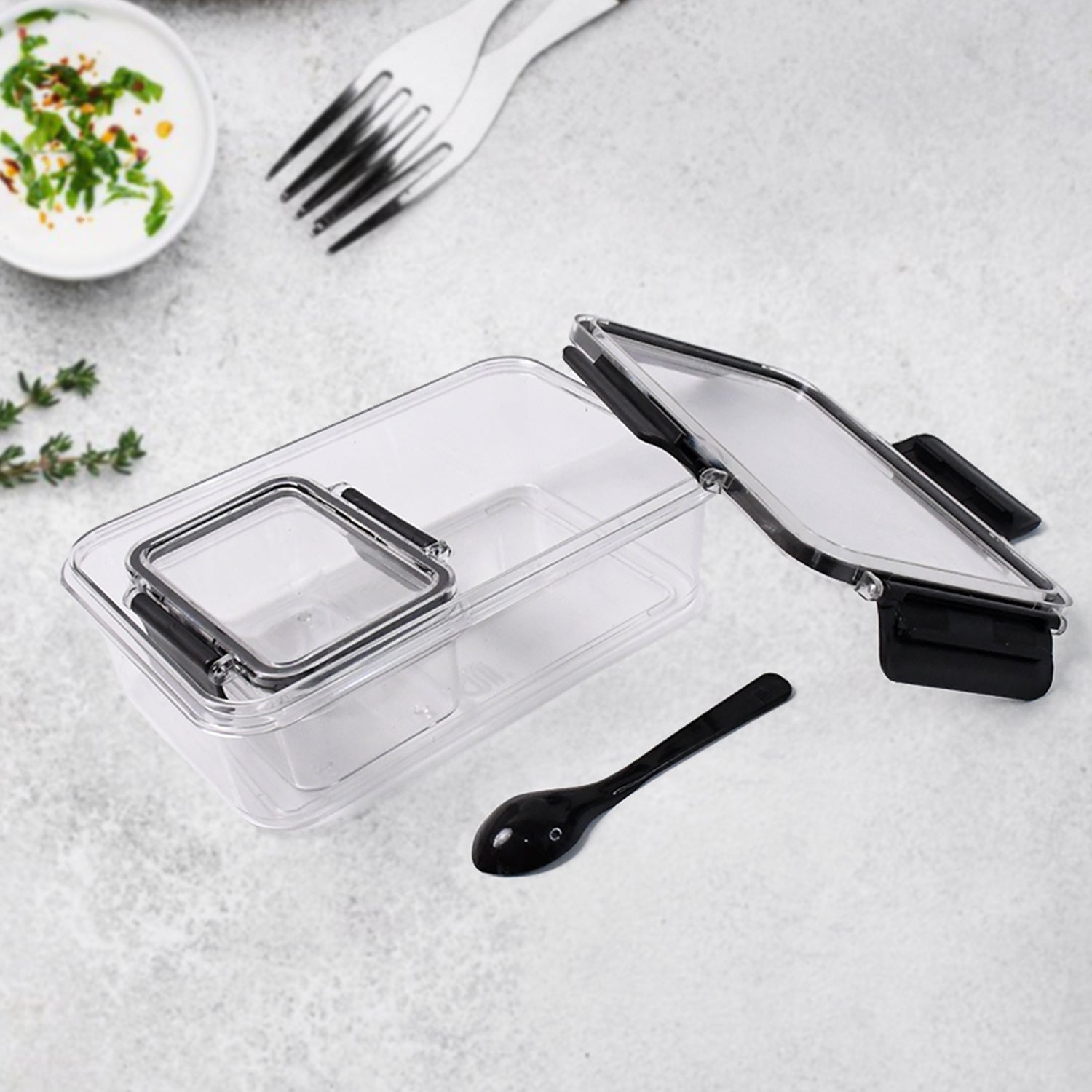 Transparent fresh food boxes twin set with sealed lock lids and spoon