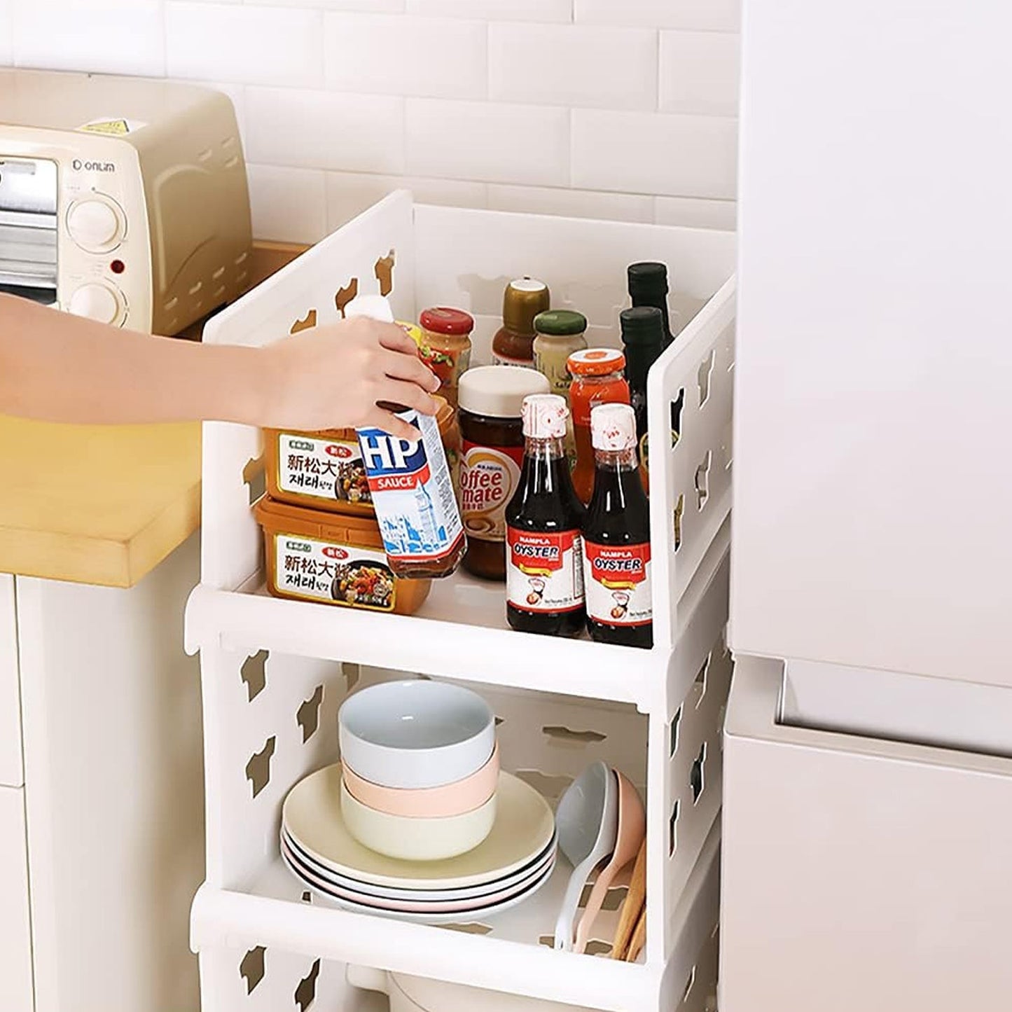 The foldable storage solution shown in a bedroom closet, neatly organizing clothes.