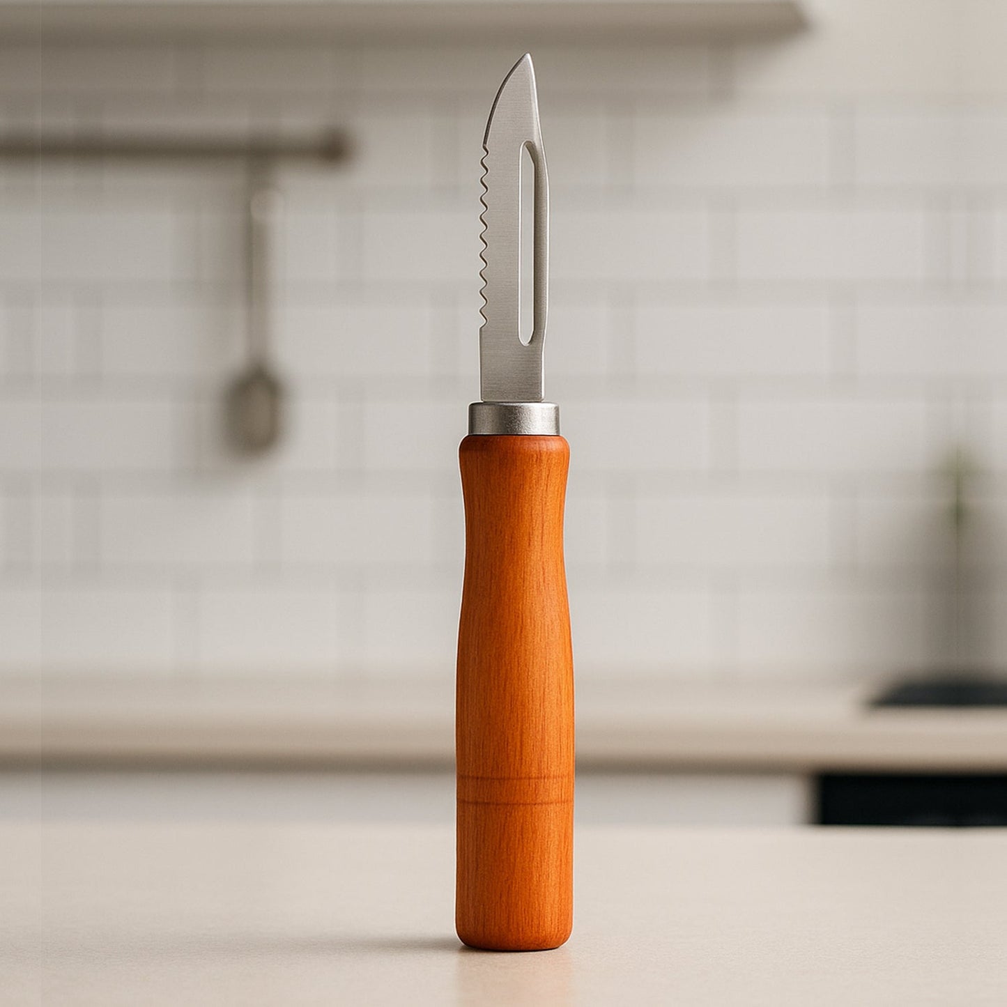 Quickslice wooden handle stainless steel vegetable peeler on a clean white background.