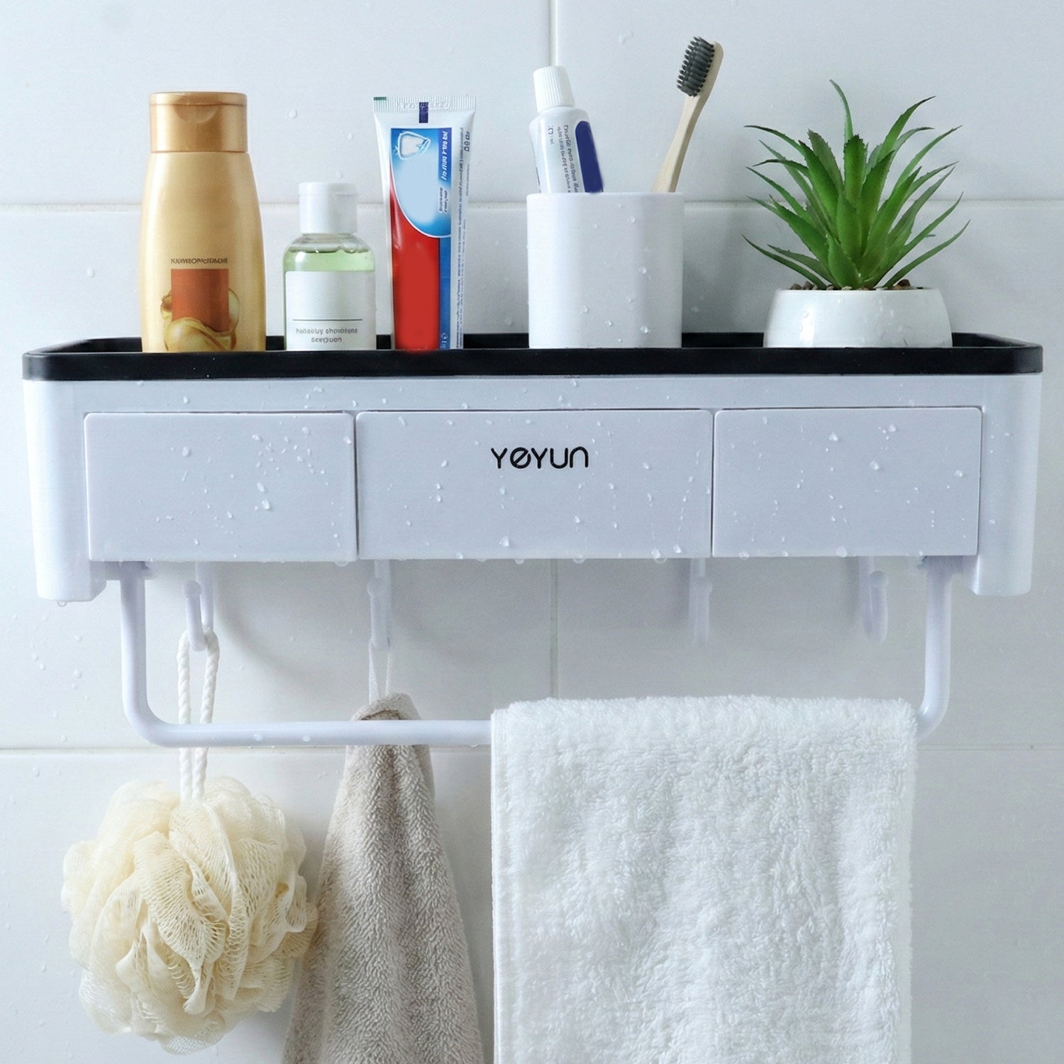 Multifunctional bathroom shelf with towel holder and hooks