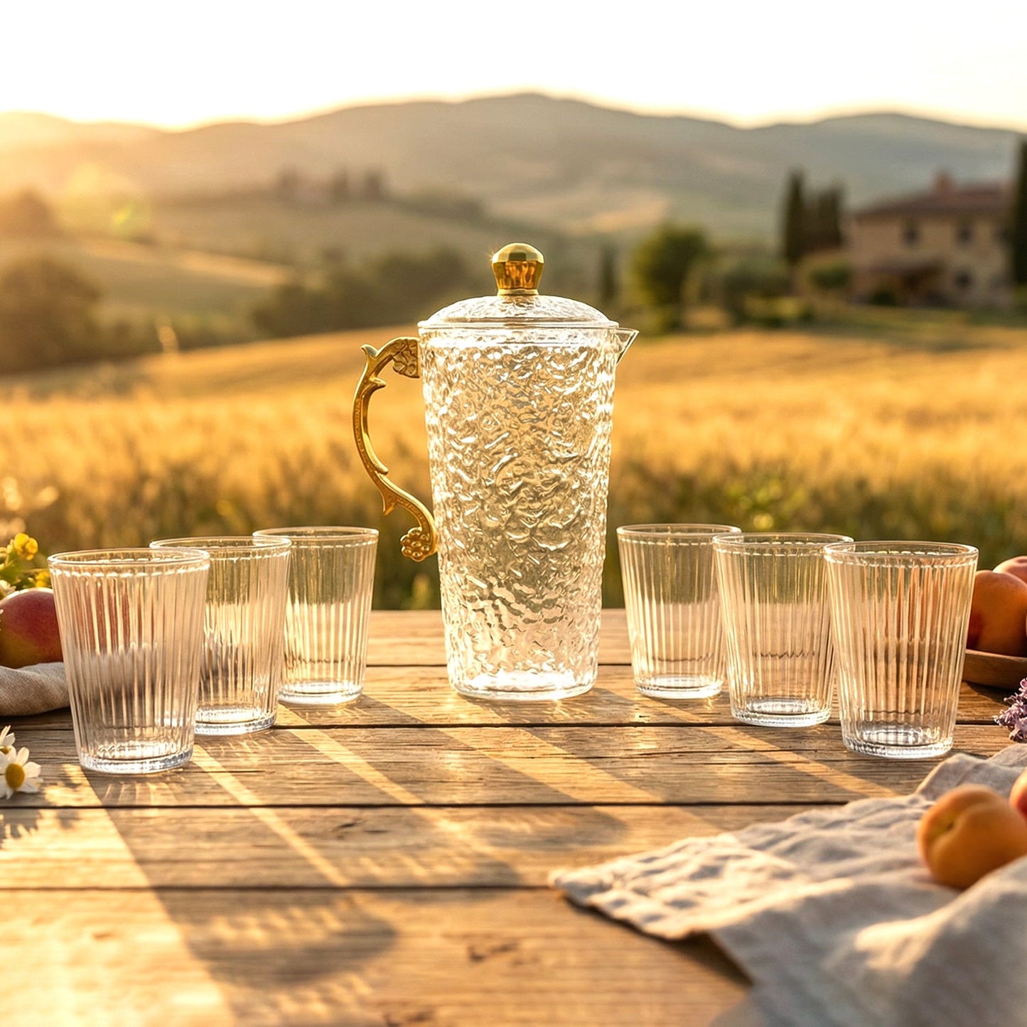 Set of tumblers matching the textured glass water jug for serving beverages