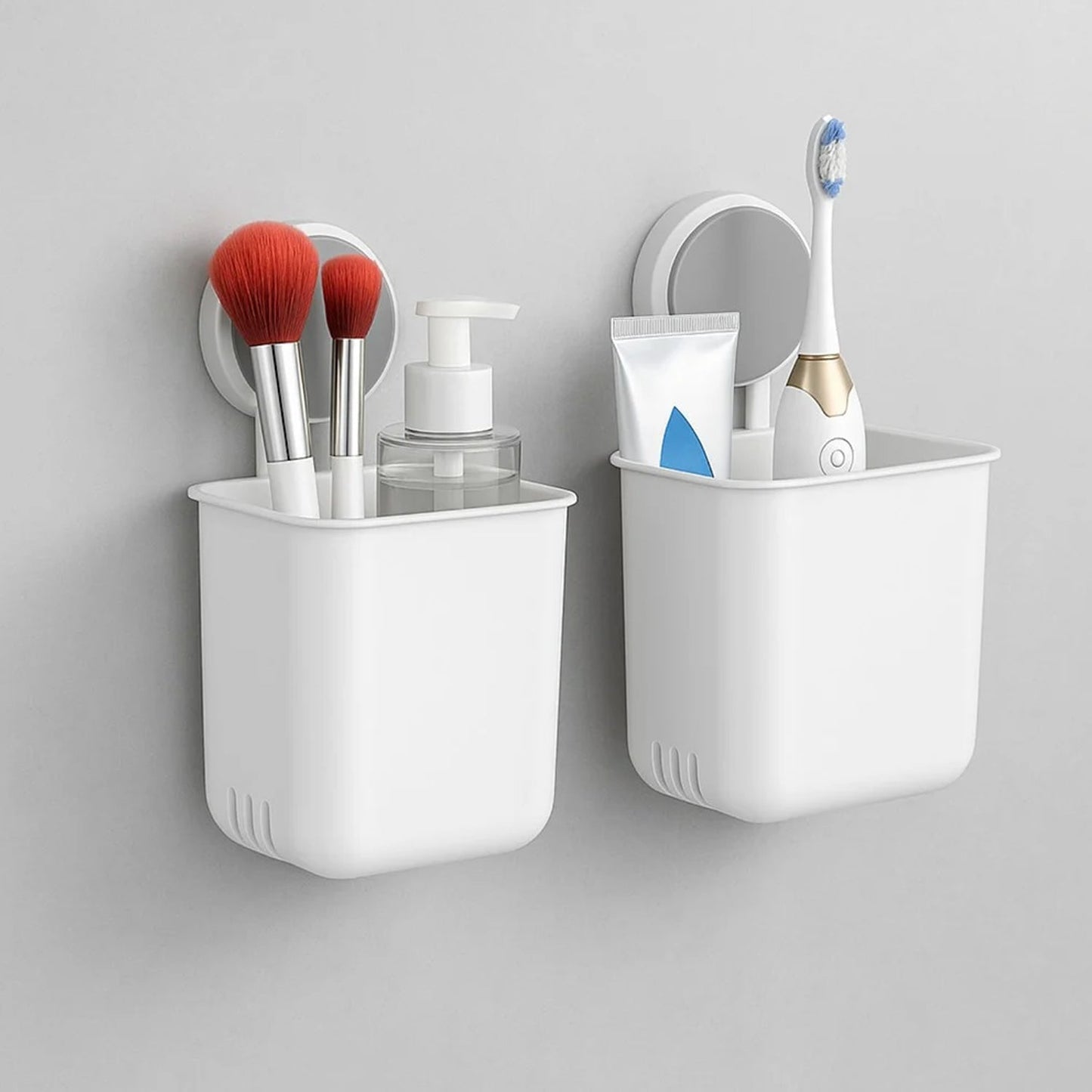 Wall mounted bathroom organizer cups set in use