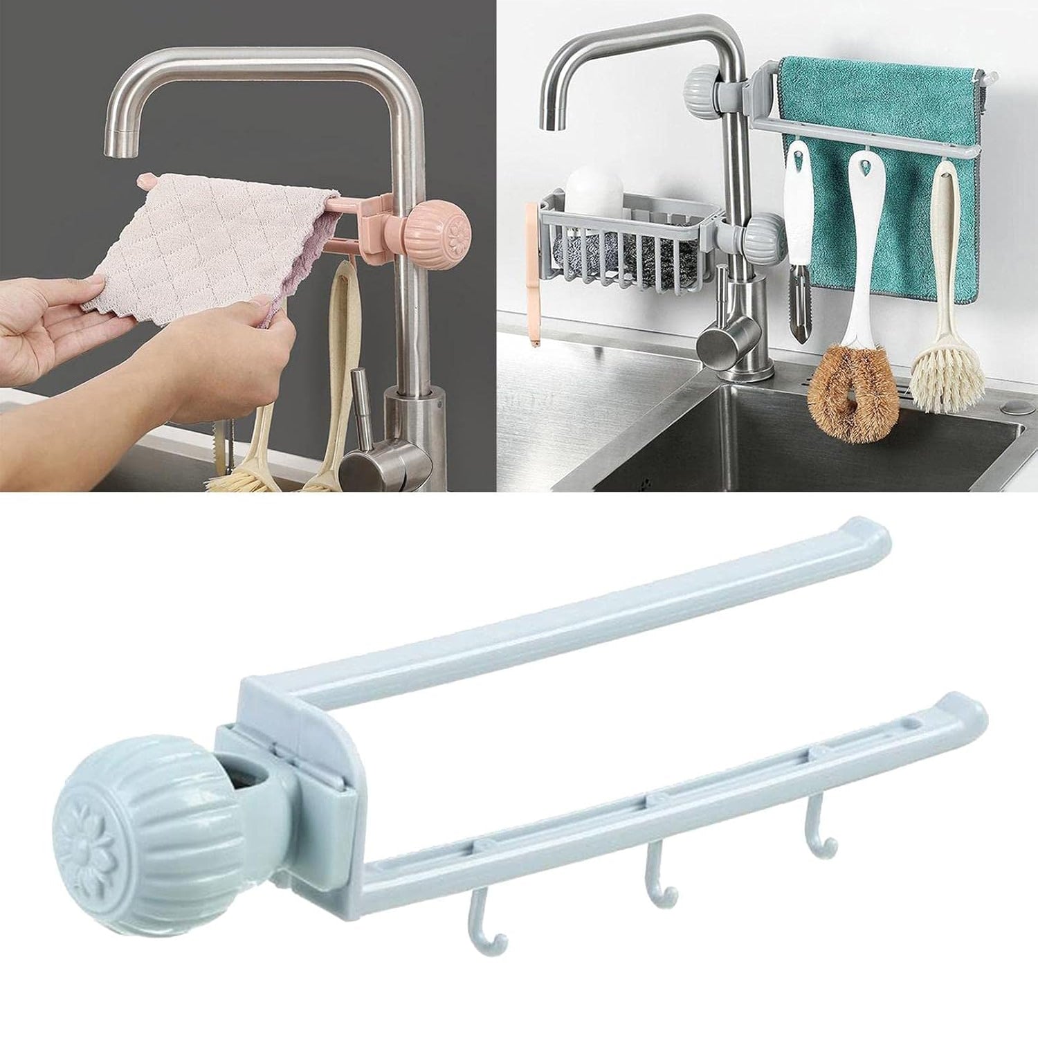 Sink faucet towel holder hanging on kitchen tap with cleaning tools