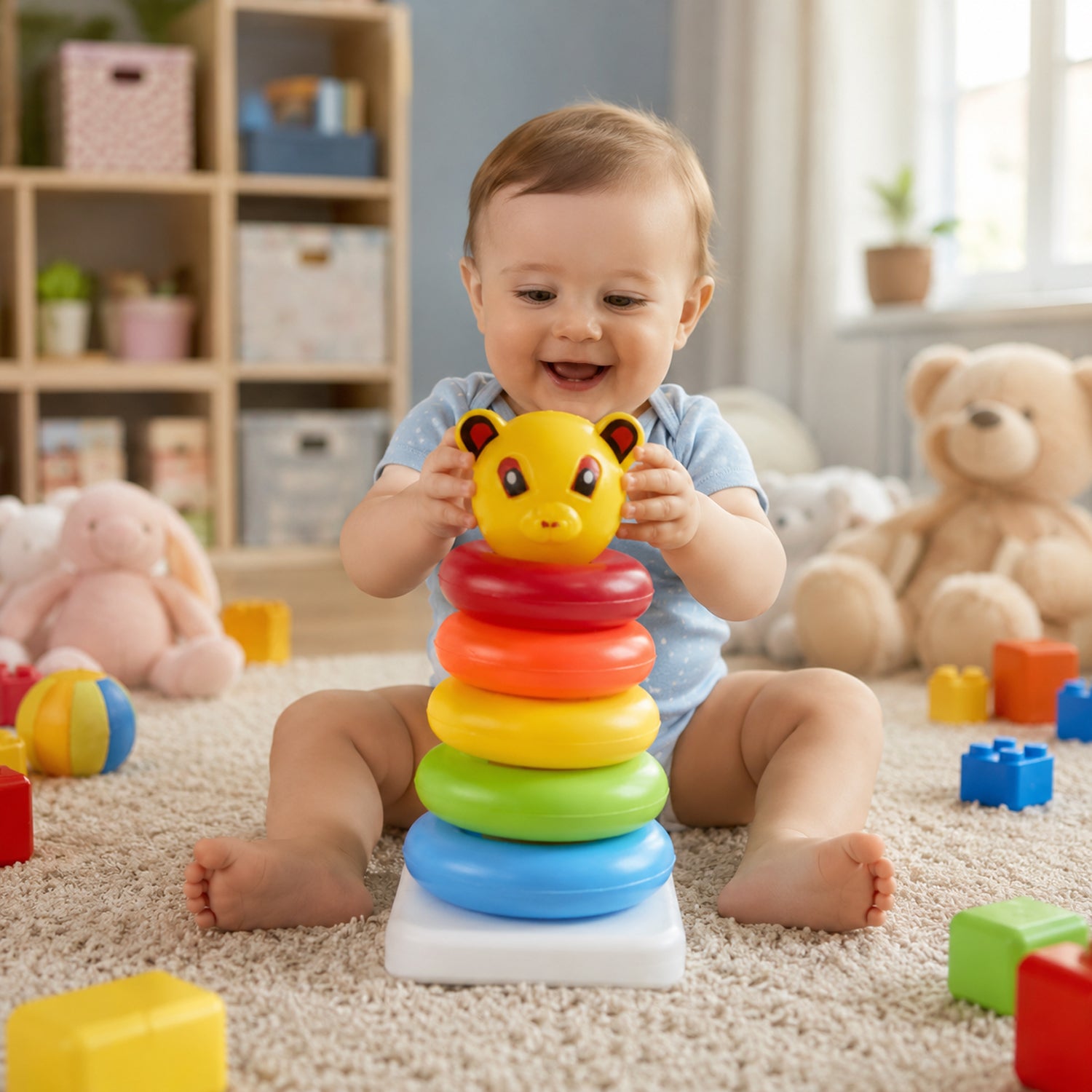Vibrant plastic jumbo stacking rings for toddlers, promoting early learning.