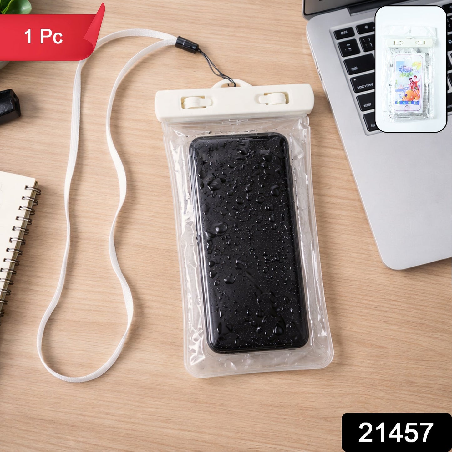 Universal mobile waterproof pouch bag showing front transparent protection