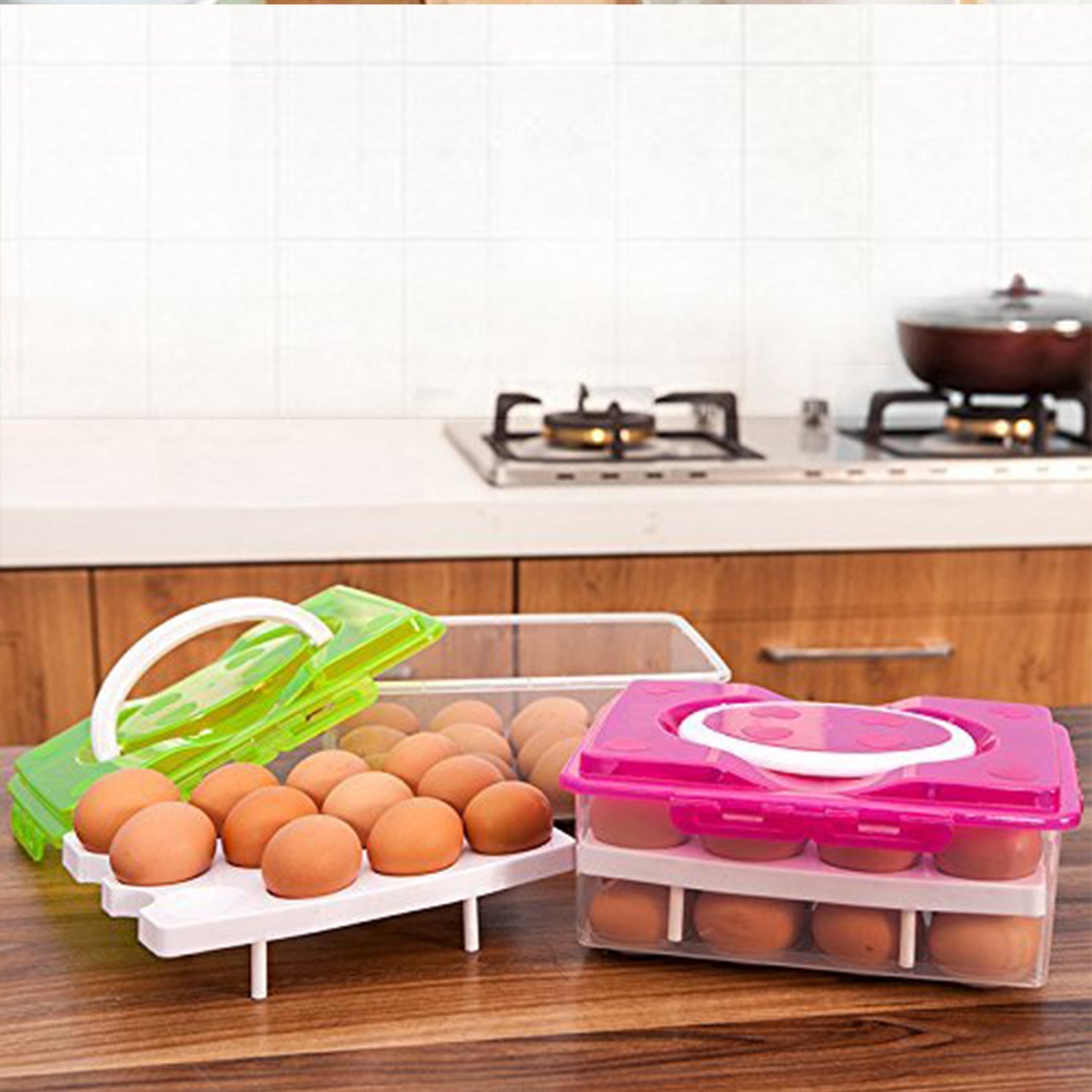 Open 2-layer egg storage tray showing empty grids for eggs