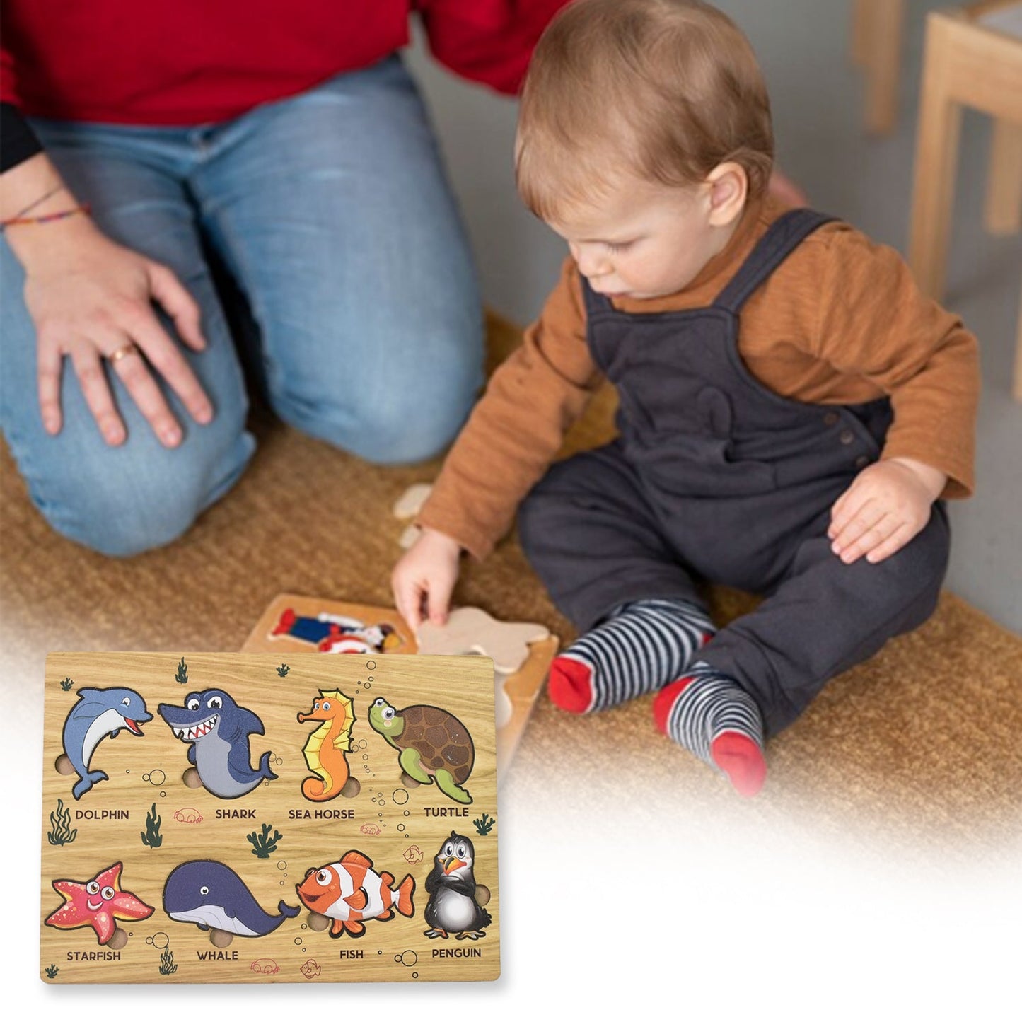 Complete Wooden Sea Animal Puzzle board showcasing various marine life shapes.