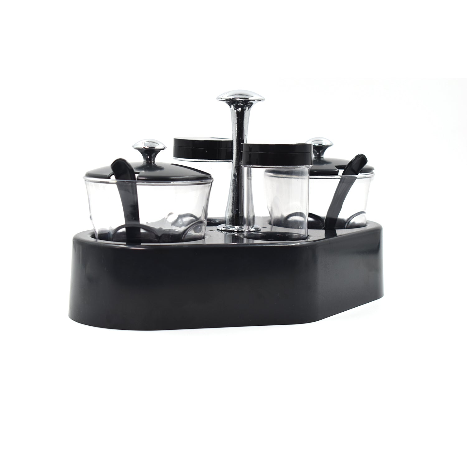 Close-up of the transparent plastic condiment jar, highlighting the airtight lid.