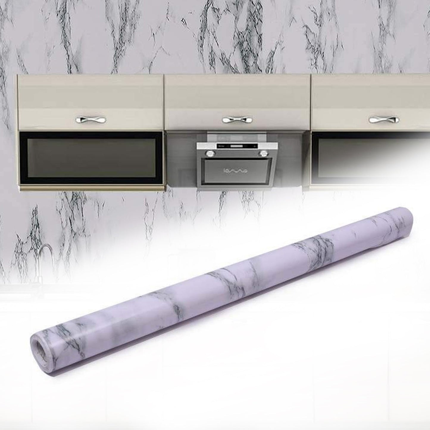 Roll of marble kitchen wallpaper with realistic white and grey pattern