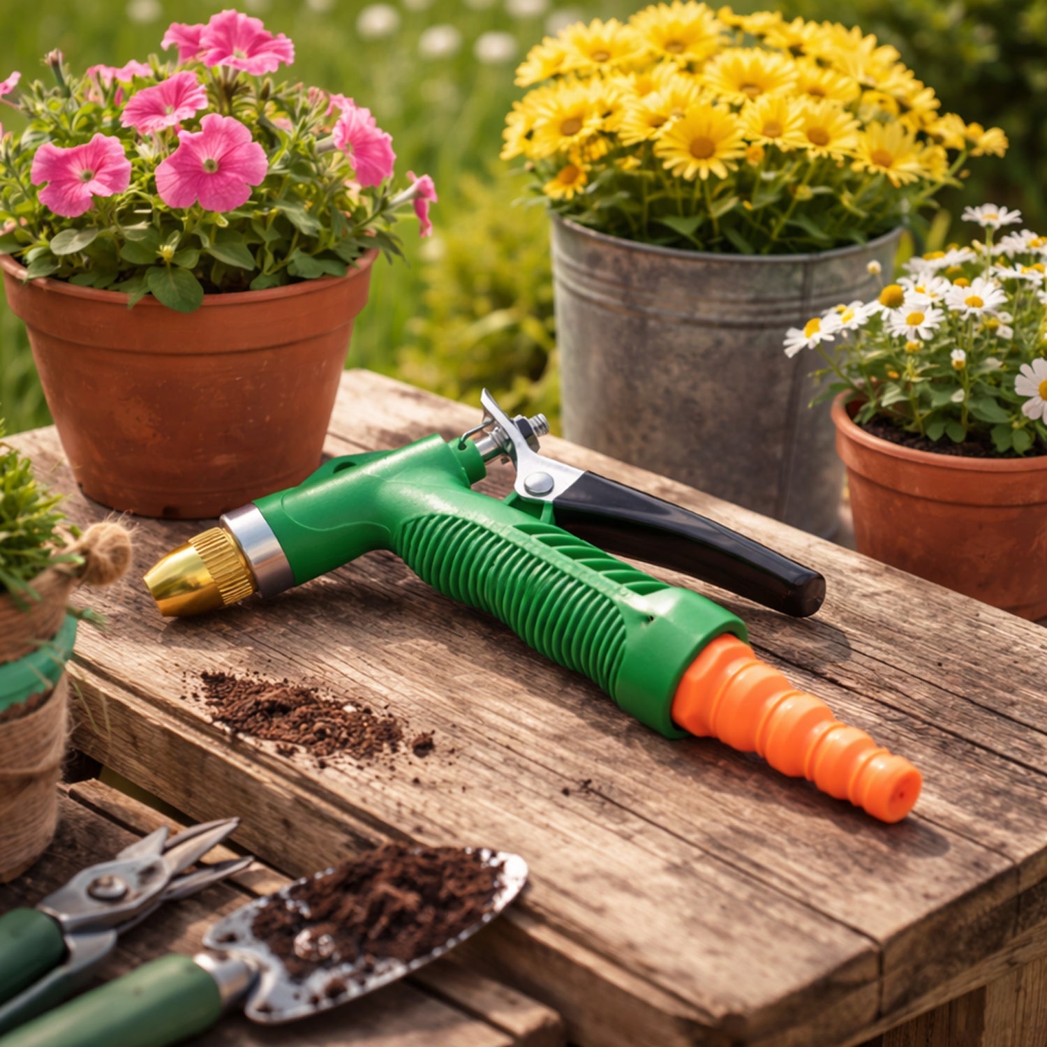 Person using the durable water spray gun to water plants in a garden setting.