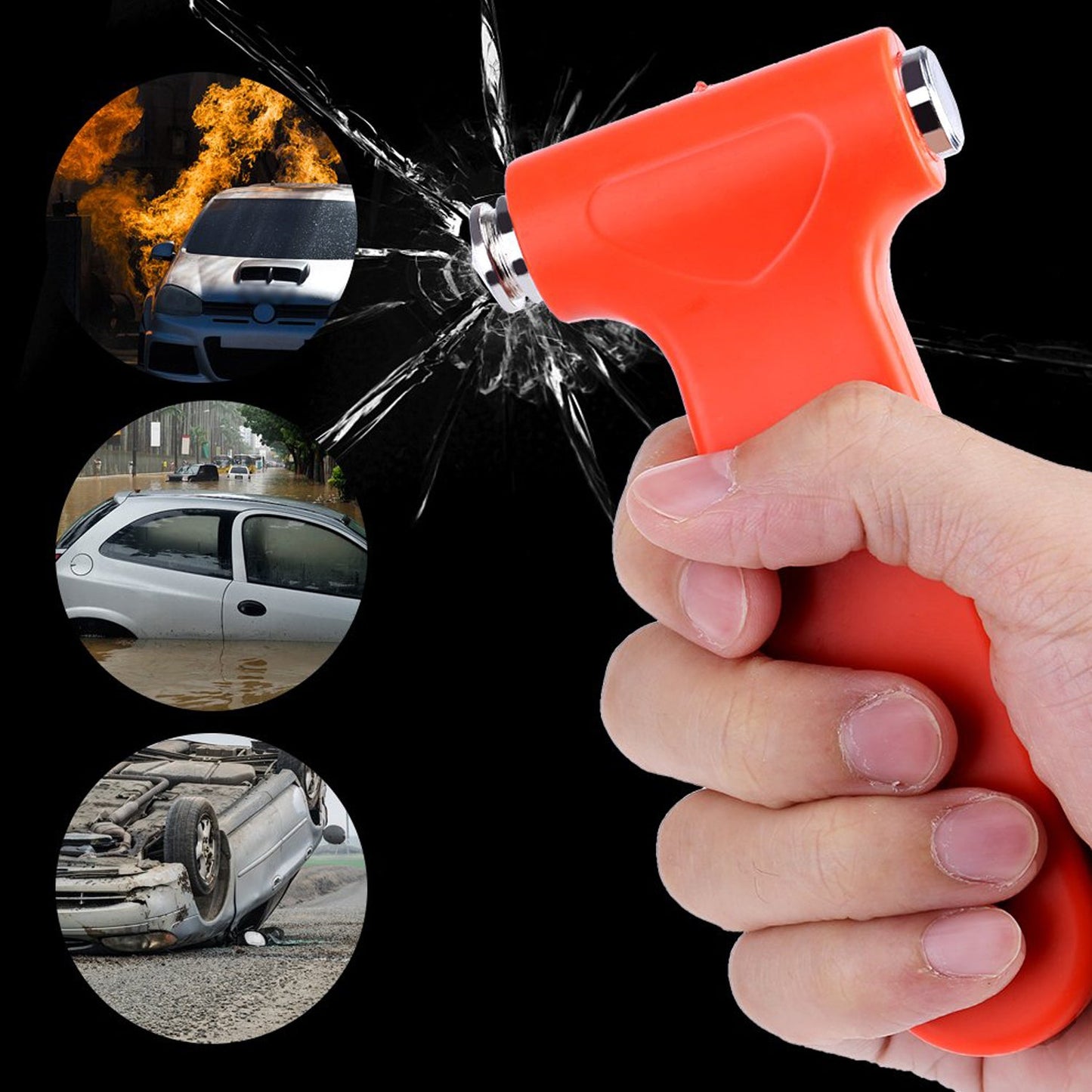 Car safety hammer with window breaker and seatbelt cutter shown in hand.