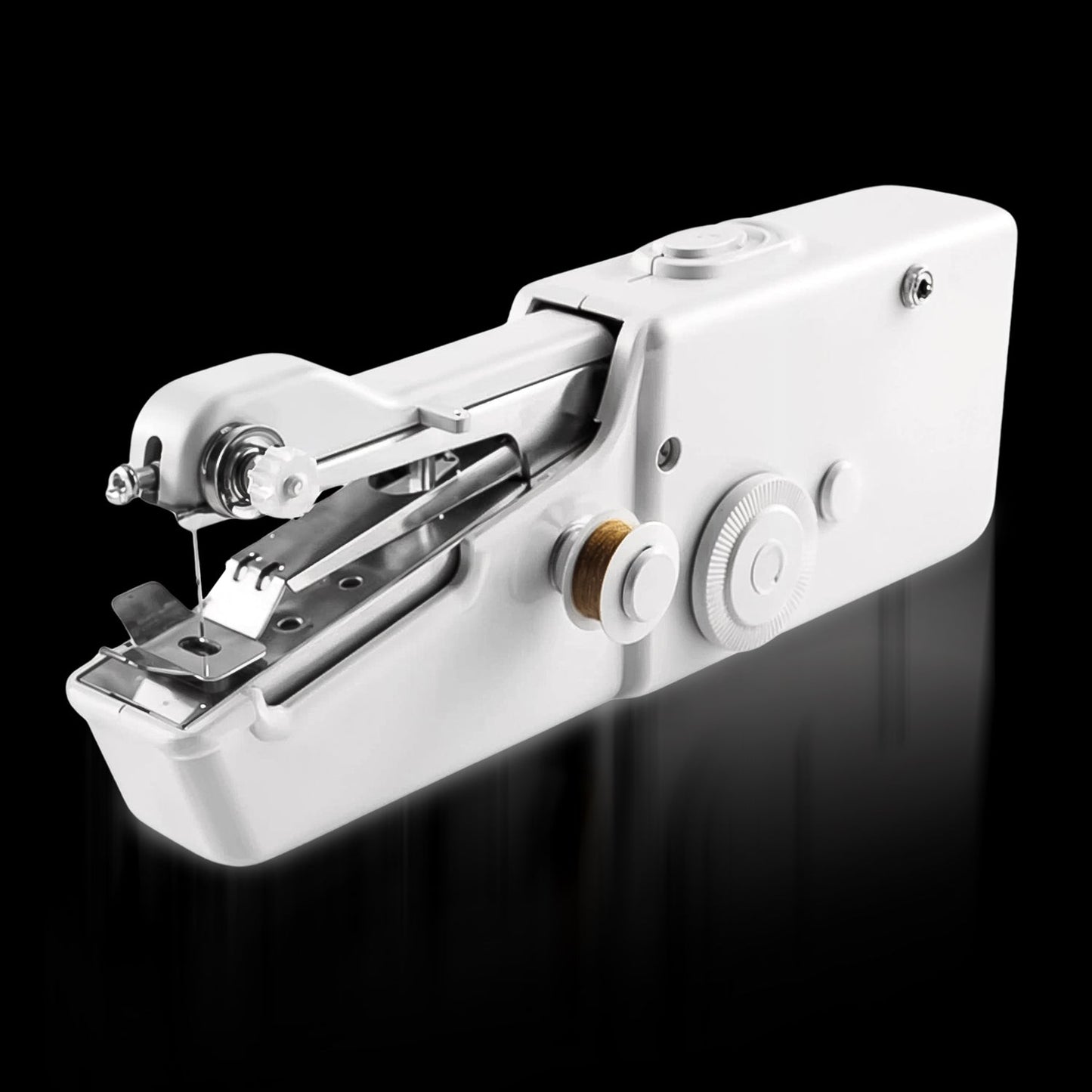  mini electric sewing machine in use, demonstrating its handheld design.
