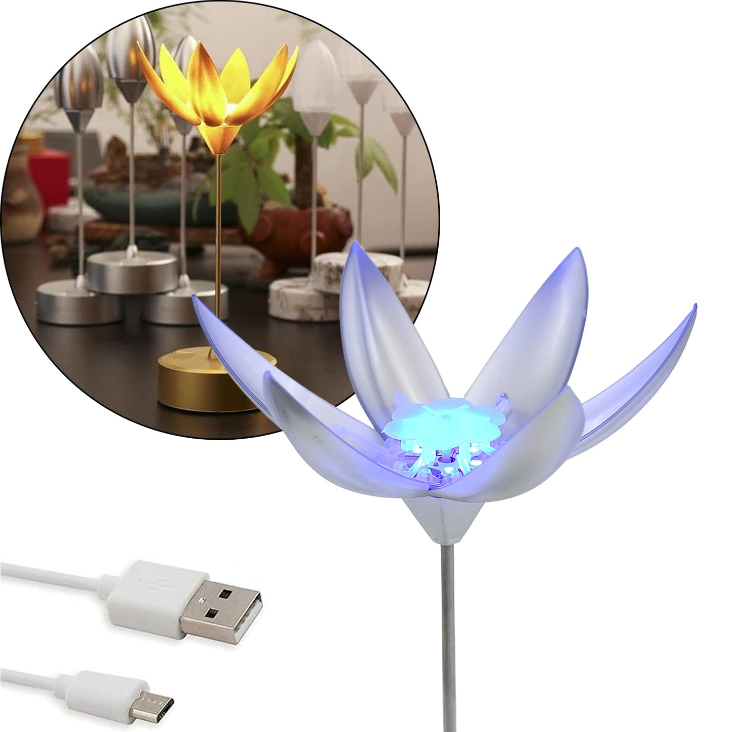 A side view of the open lotus lamp, showcasing its intricate petal design and soft ambient lighting.